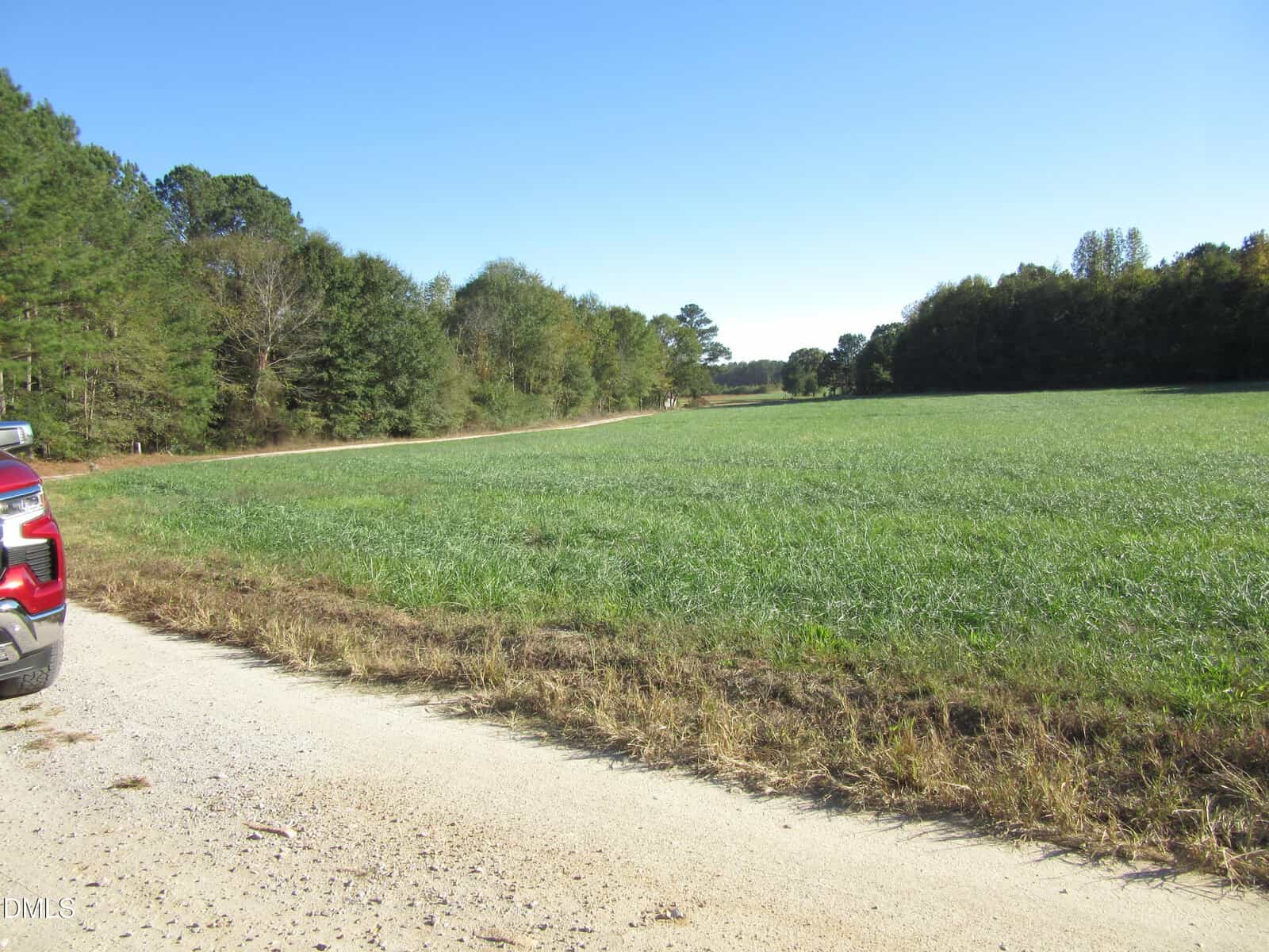 A gravel road runs alongside a grassy field bordered by trees under a clear blue sky. The rear of a red vehicle is visible on the left side of the image.