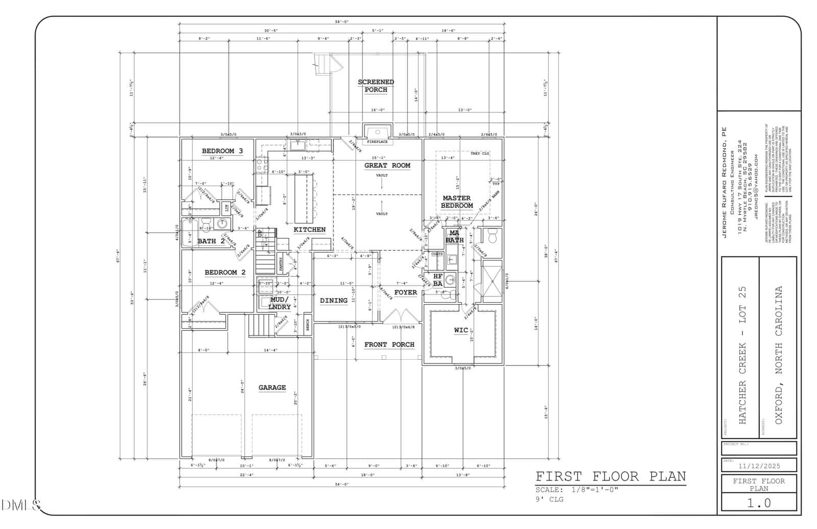 Architectural floor plan for a house showing labeled rooms, including garage, foyer, kitchen, family room, dining, three bedrooms, bathrooms, laundry, and screened porch. Title block includes project details and scale.