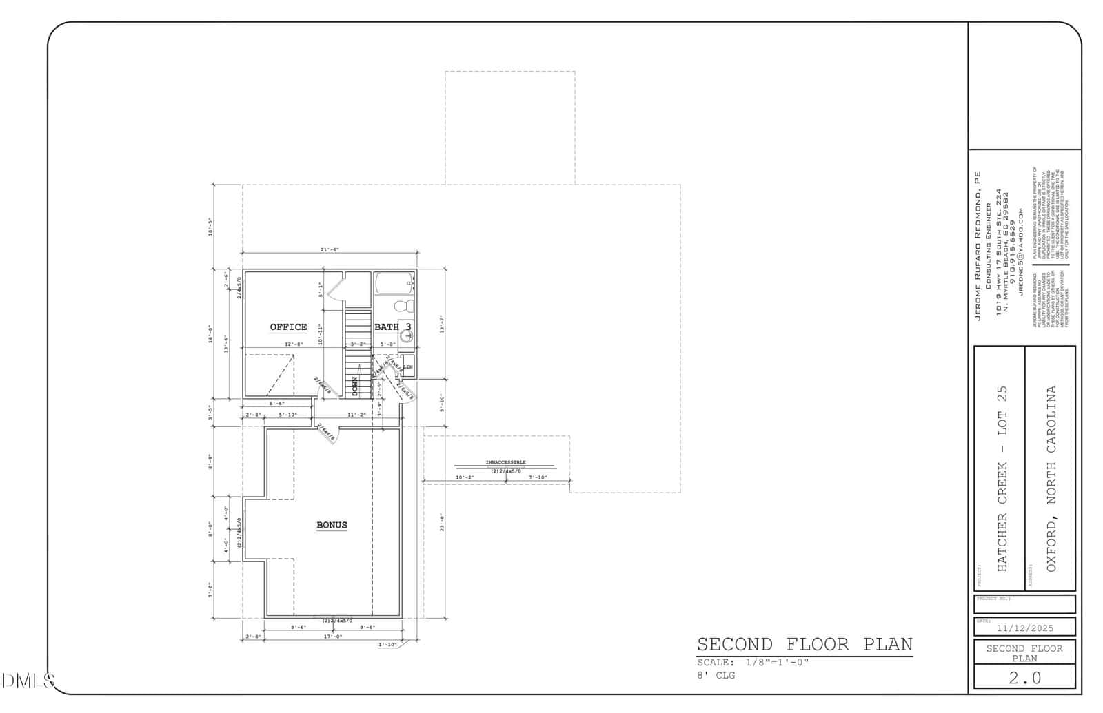 Architectural drawing of a second-floor plan showing two rooms labeled as "Office" and "Bonus," with stairs, hall, and measurements. Title block at right with project details for Butcher Creek, Oxford, North Carolina.