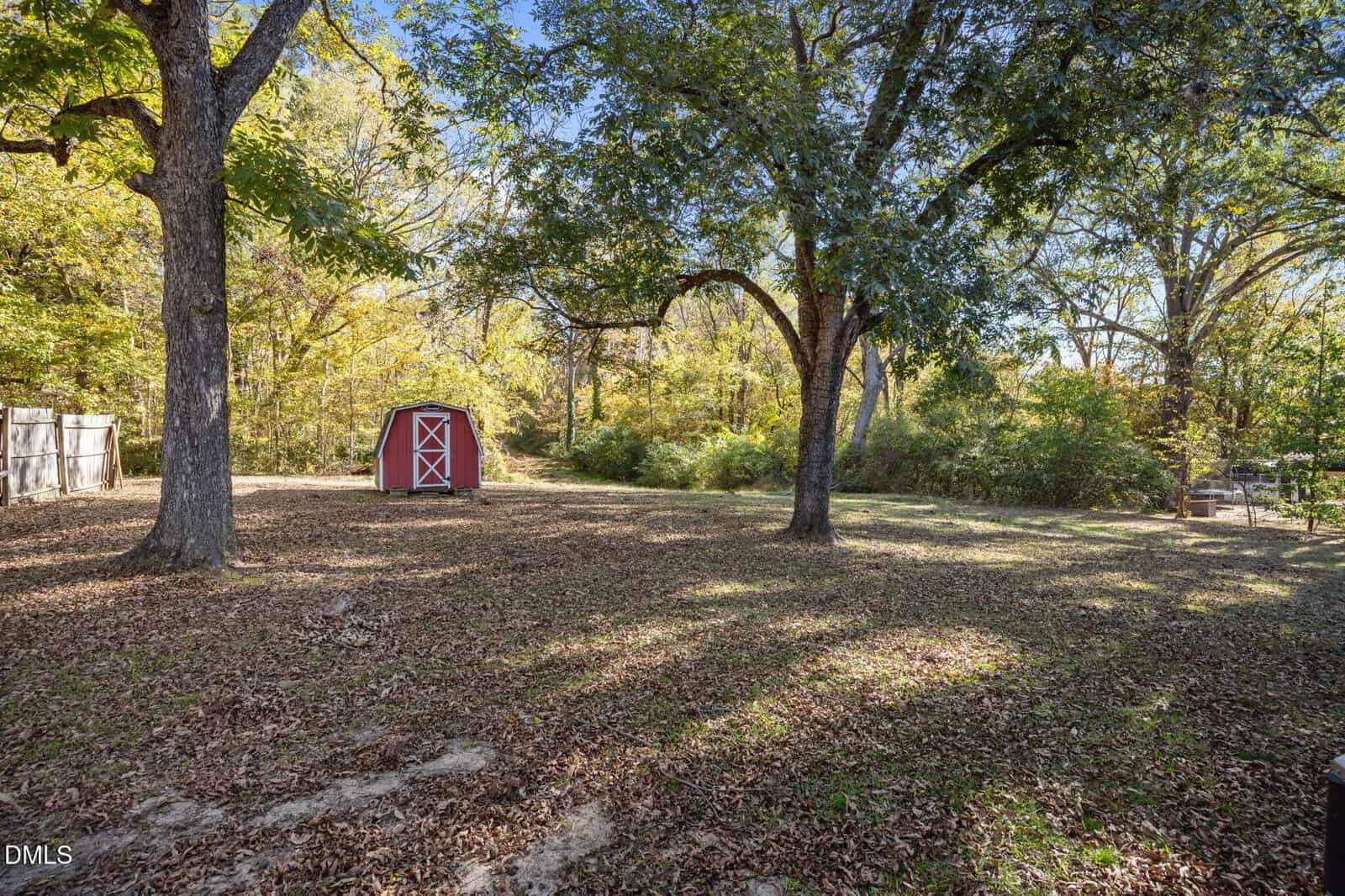 A fenced backyard with scattered trees casting shadows on the ground, a red barn-style shed near the back, and fallen leaves covering much of the grass.