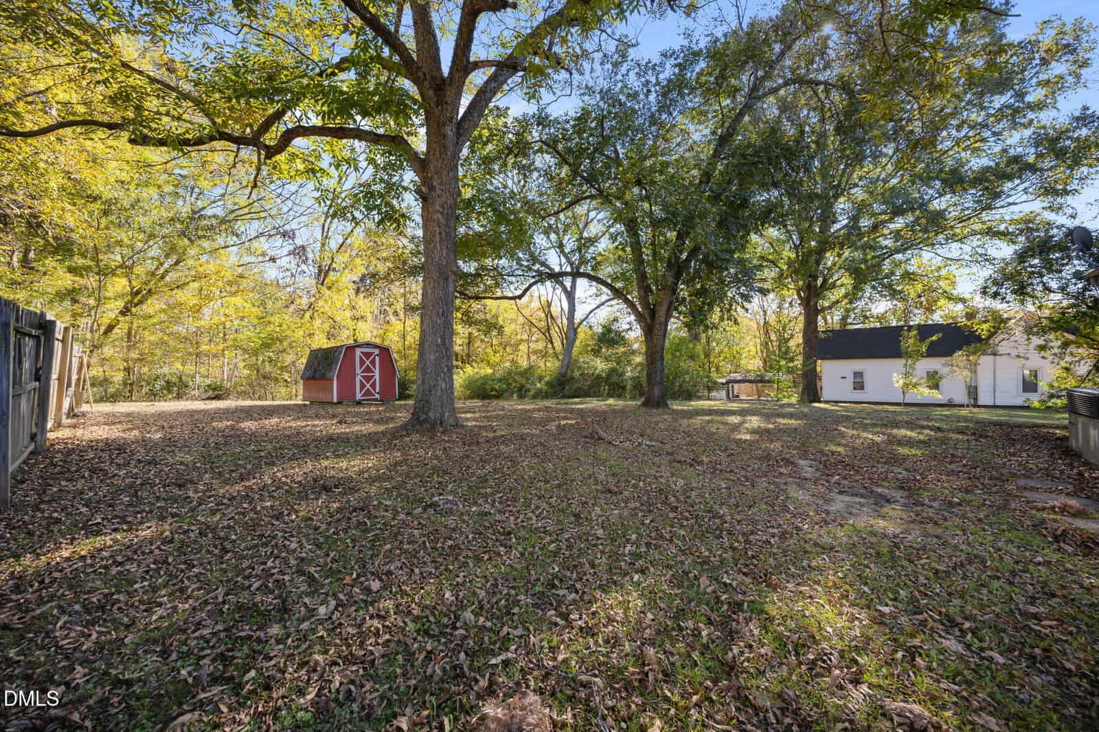 A spacious backyard with large trees, scattered leaves, a red barn-style shed on the left, a white house on the right, and a wooden fence along the left side.