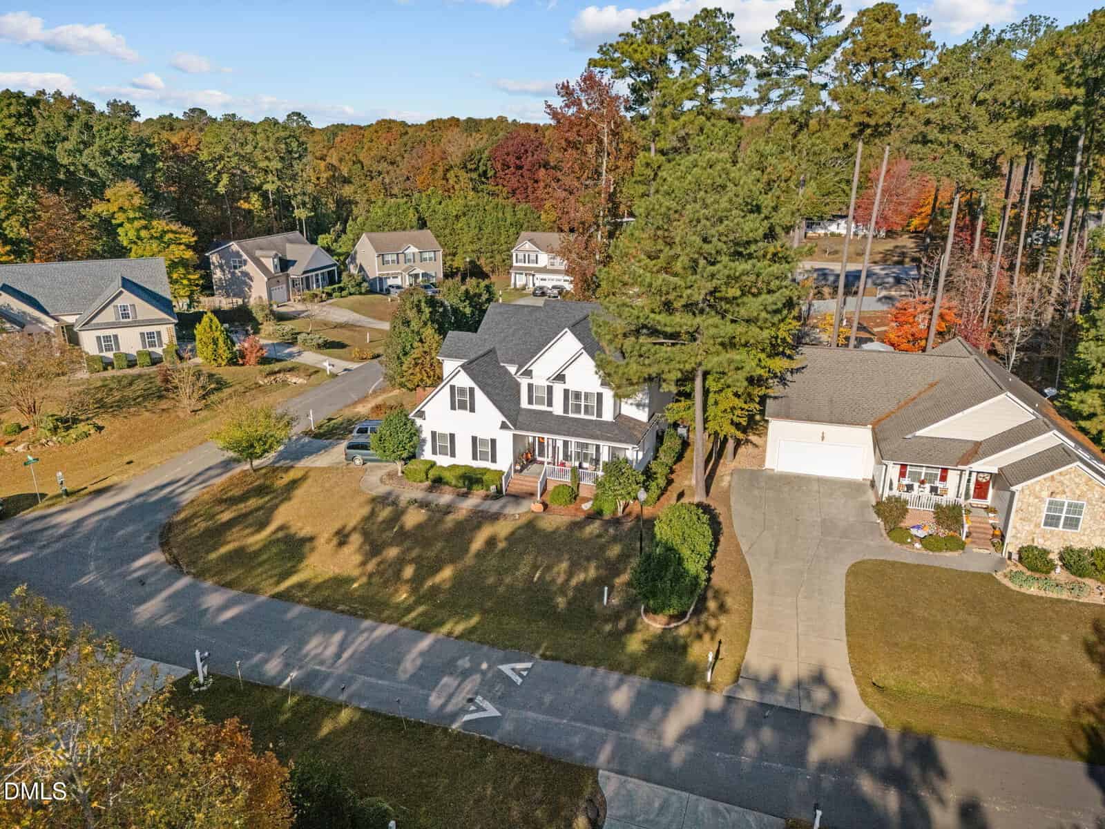 Aerial view of a suburban neighborhood with several detached houses, driveways, and well-kept lawns, surrounded by tall trees with green and autumn-colored foliage.
