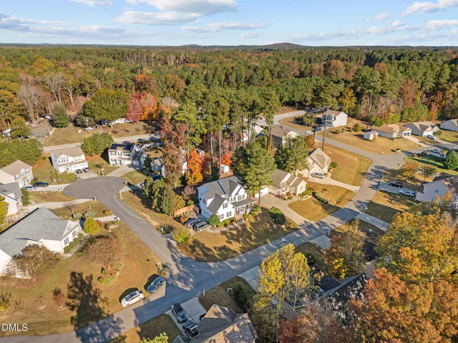 Aerial view of a suburban neighborhood with tree-lined streets, single-family homes, and cars parked in driveways. Surrounding area features dense forest and autumn foliage under a partly cloudy sky.