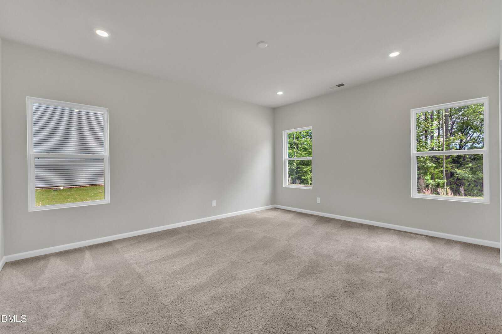 Empty carpeted room with light gray walls, three windows with white trim, and ceiling lights. Two windows show green trees outside, while the third reveals the side of a neighboring building.
