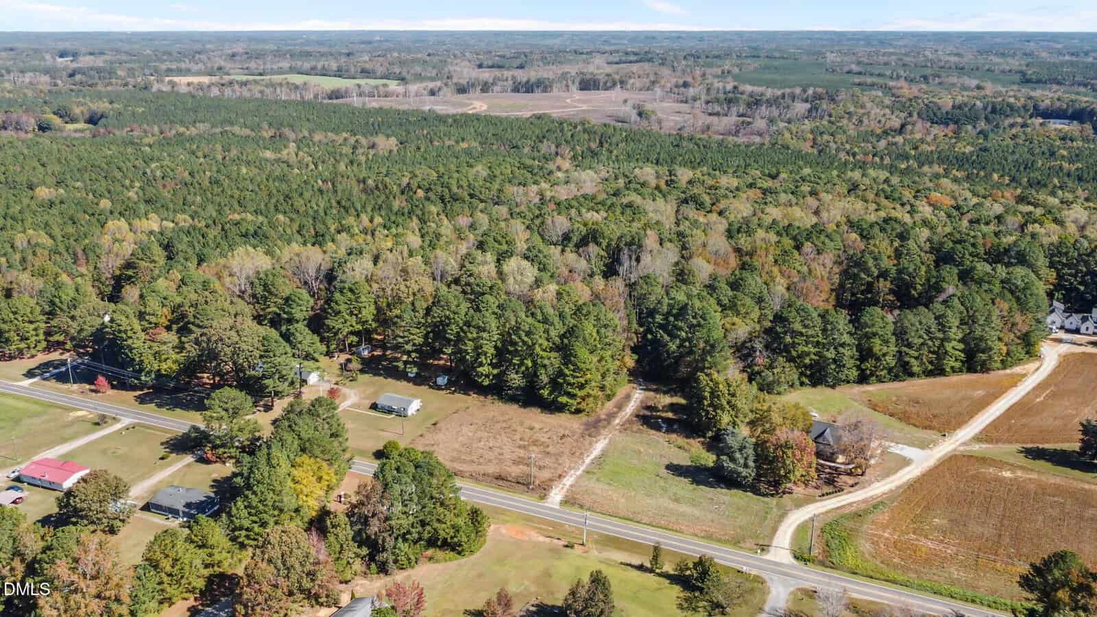 Aerial view of a rural landscape with scattered houses, roads, open fields, and dense forests stretching into the distance under a blue sky.