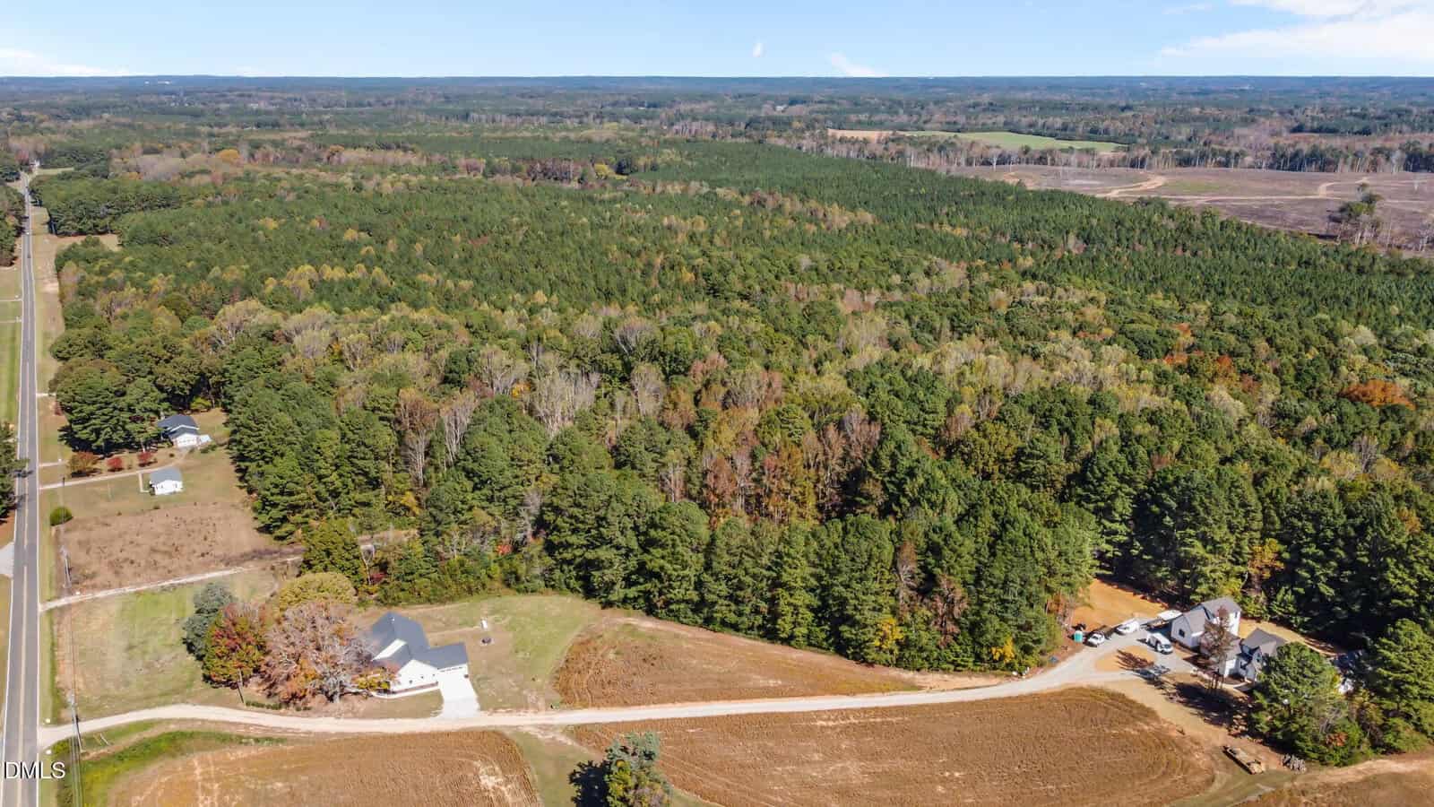 Aerial view of a rural area with dense forest, scattered houses, and open fields. A paved road runs along the left side, and several driveways lead to homes surrounded by trees. The horizon shows more forest and farmland.