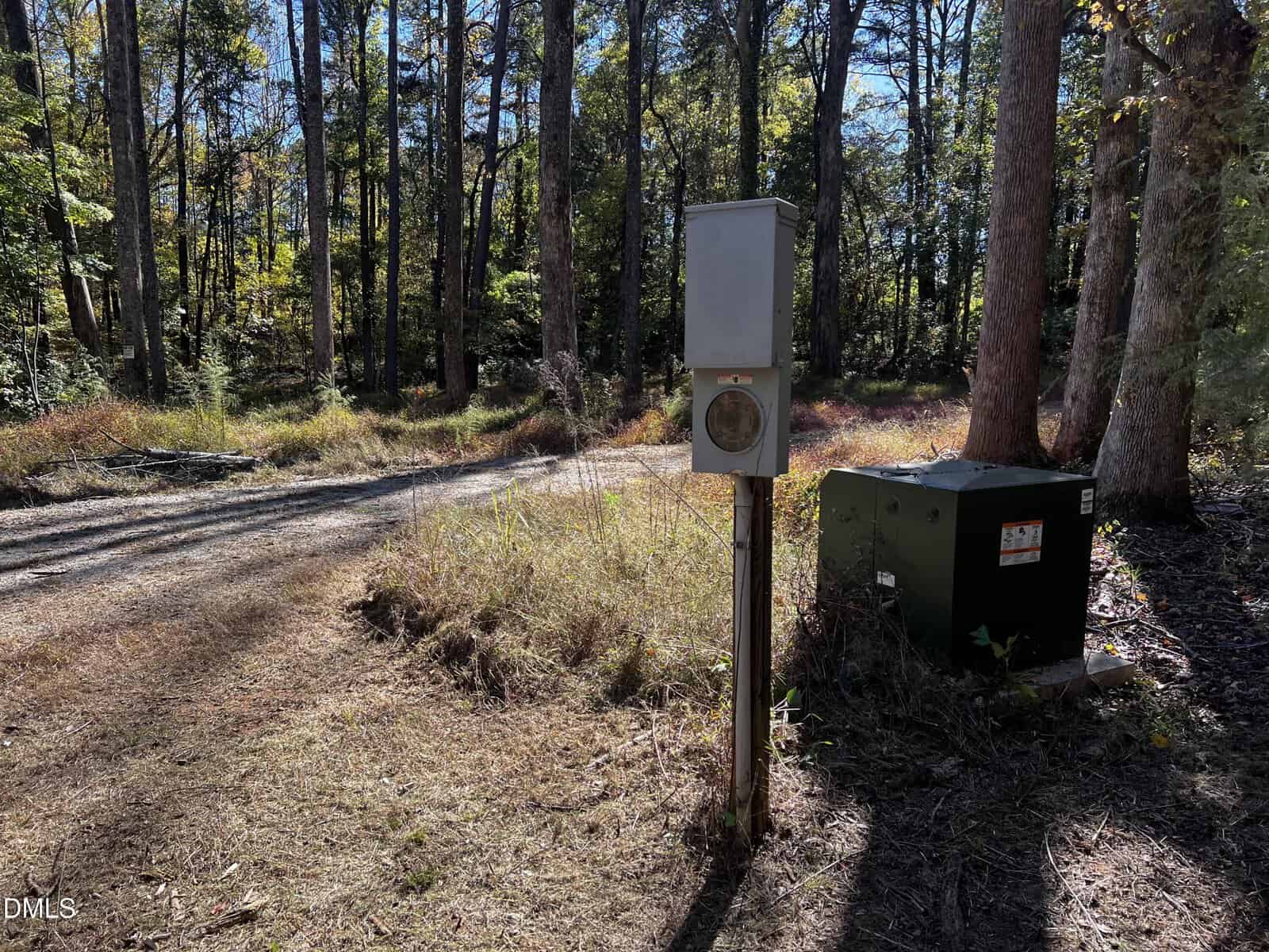 A utility meter and a green utility box stand beside a dirt path in a wooded area with tall trees and grass under bright sunlight.