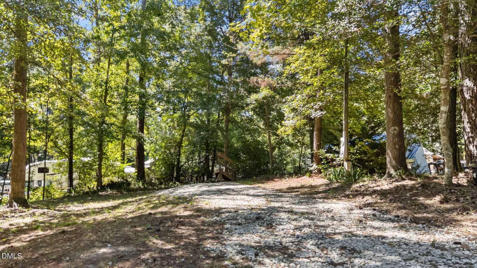 A gravel driveway winds through a wooded area with tall, leafy trees and sunlight filtering through. Small buildings or houses are partially visible among the trees in the background.