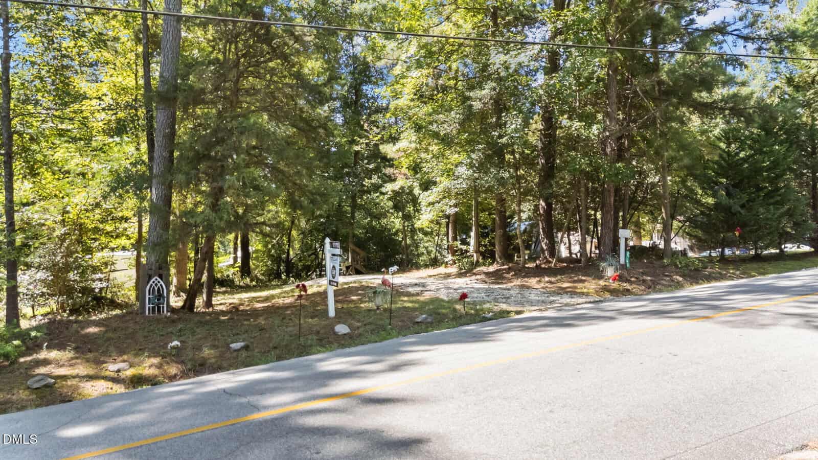 A wooded roadside with a gravel driveway leading into dense trees. Several signs and a mailbox are near the entrance, and small red flowers line the edge of the driveway along the road.
