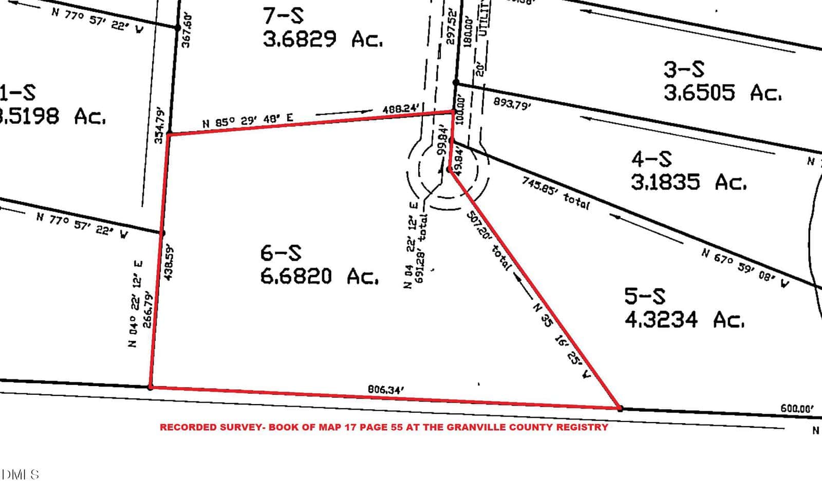 A land survey map shows lot 6-S outlined in red, labeled as 6.6820 acres. Surrounding parcels are labeled 3.6505, 3.6829, 4.3234, and 3.1835 acres. Survey info is noted at the bottom.