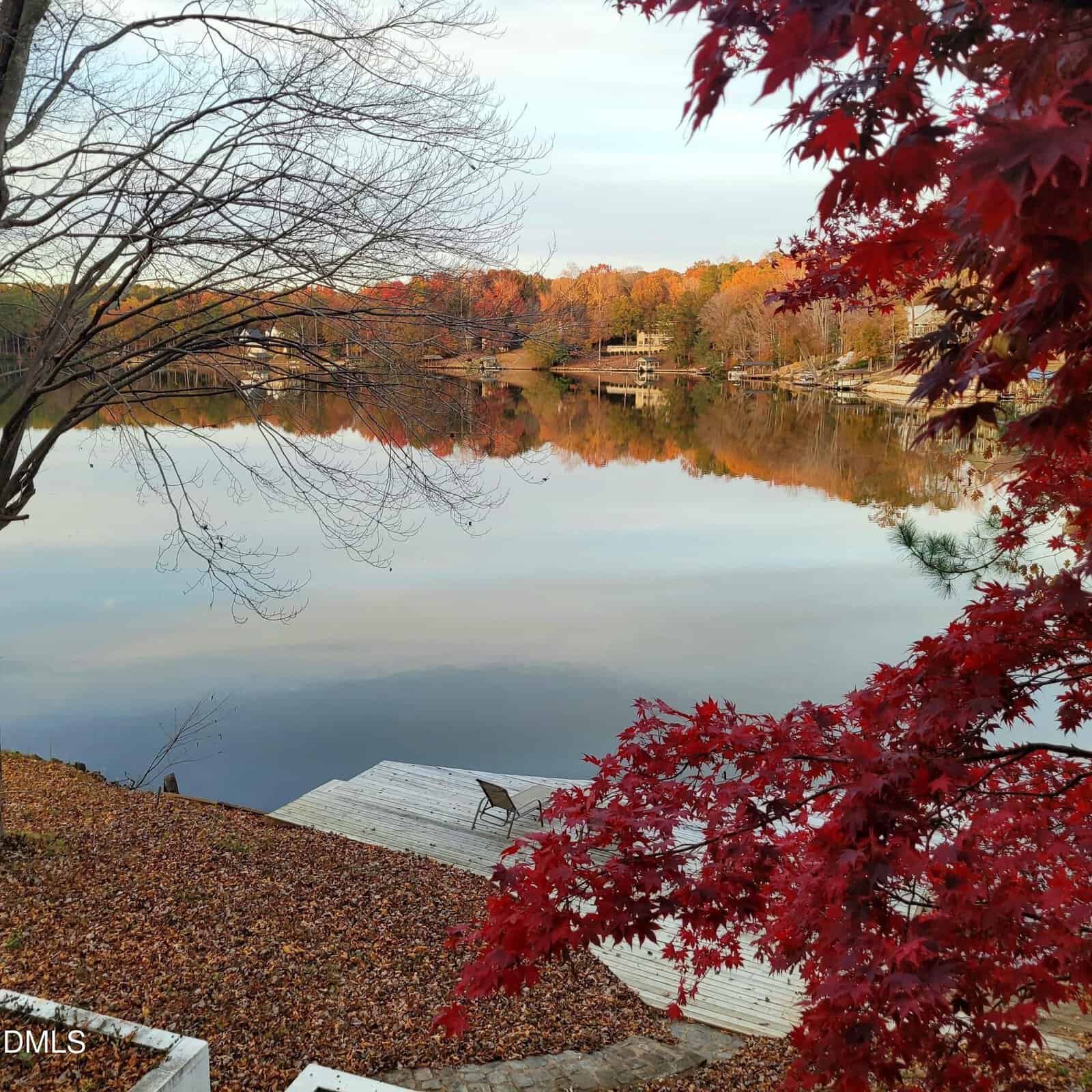 A calm lake reflects fall trees with colorful foliage. A wooden dock and chair sit by the shore, surrounded by fallen leaves. Red leaves frame the right side of the image. Houses are visible across the lake.