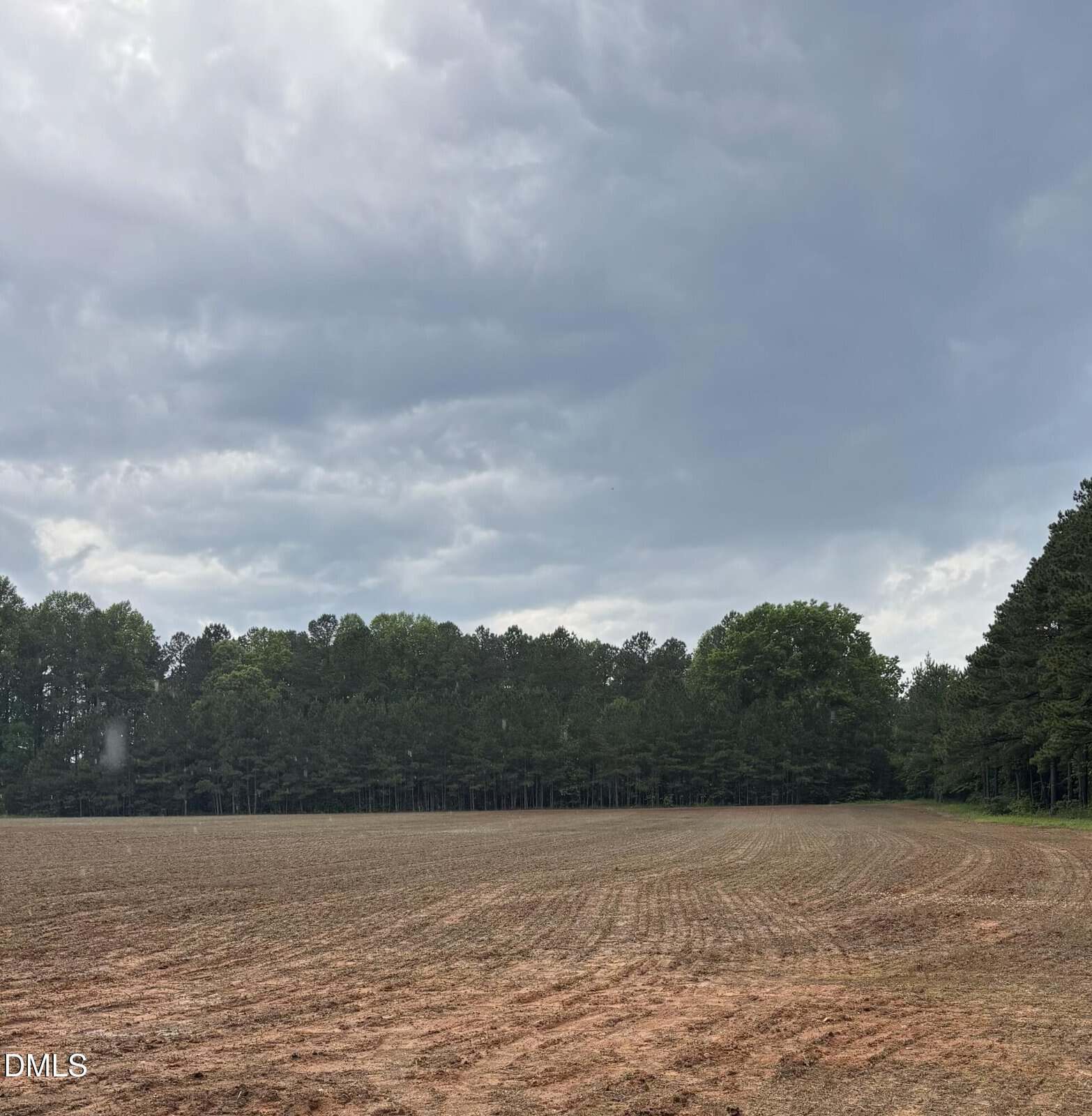 A large, partially tilled field with brown soil stretches toward a dense tree line under a cloudy sky. The edge of the field curves to the right, and trees surround the clearing. The atmosphere appears overcast.