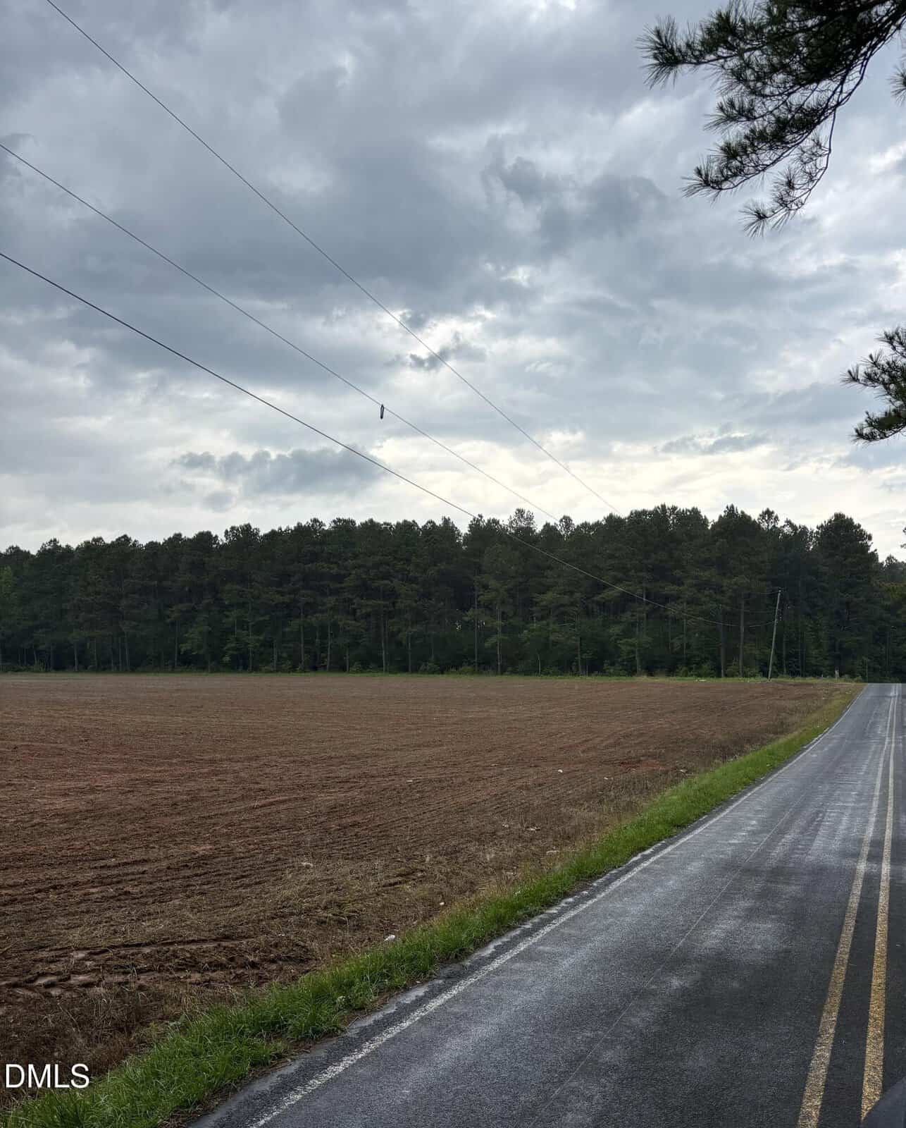 A paved road runs alongside a plowed field with a forested area in the background. Power lines cross the sky, and the weather appears cloudy with damp pavement.