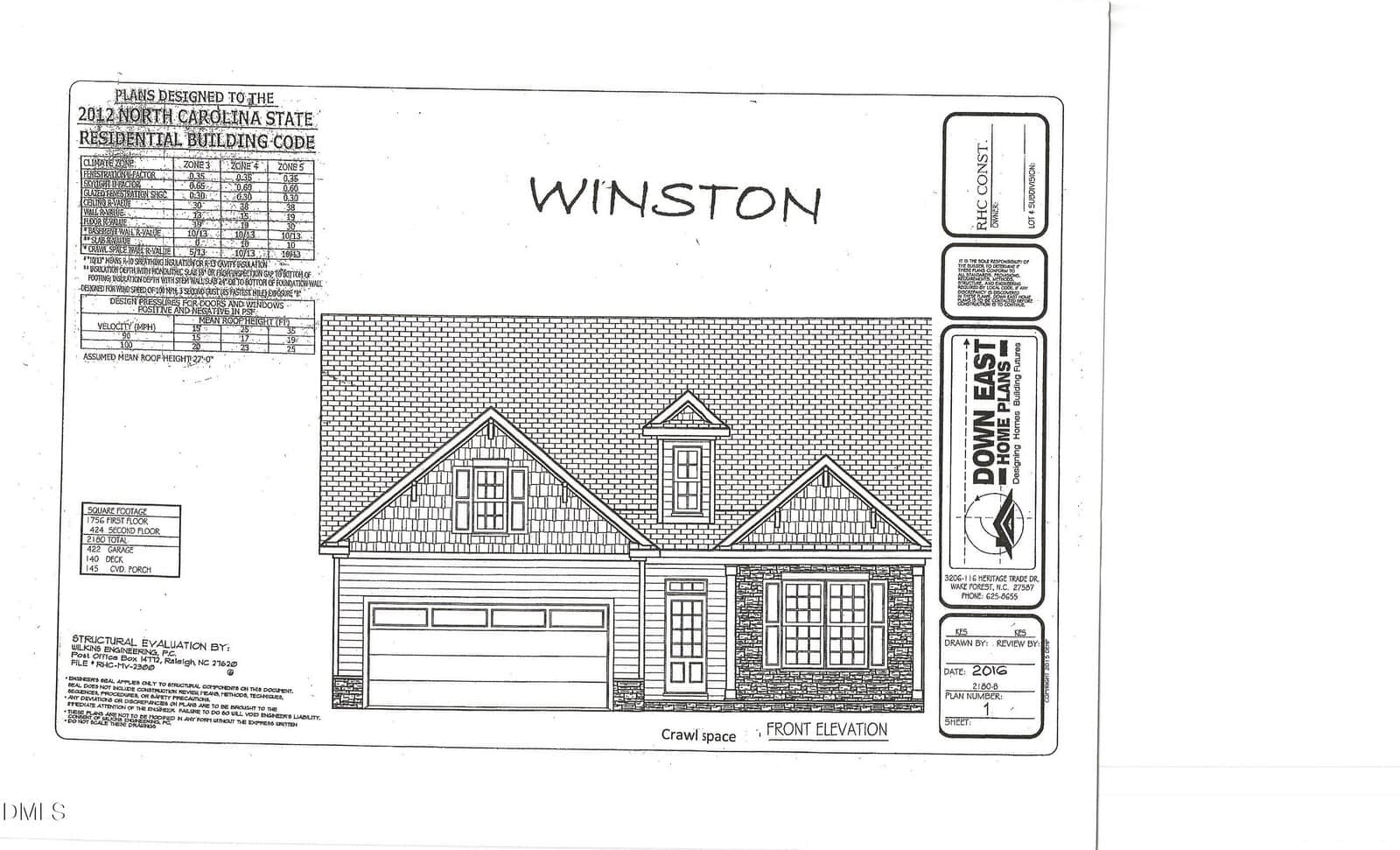 Black and white architectural blueprint labeled “Winston,” showing the front elevation of a house with a two-car garage, gabled roof, two front doors, and several windows; building code and company details appear around the border. The design is specified for 20 Moonraker Drive in Spring Hope.