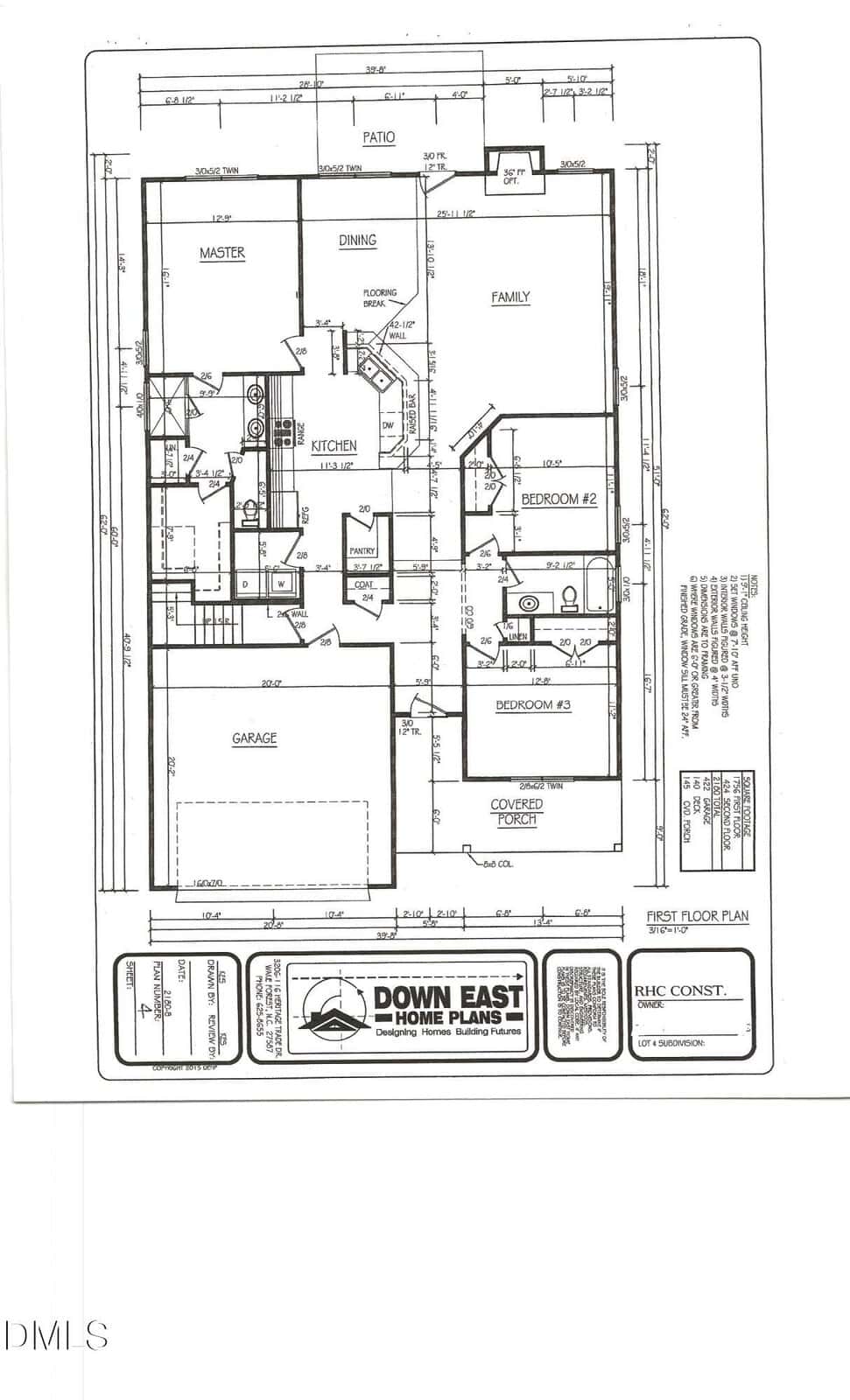 Black and white floor plan of a single-story house showing a garage, three bedrooms, two bathrooms, kitchen, dining, family room, covered porch, foyer, and patio, with labeled room dimensions and builder information at the bottom.