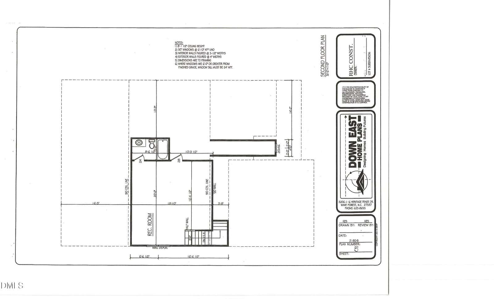 Black and white architectural floor plan of a building labeled “Down East Home Comfort, Inc.” with room measurements, title block, and company information on the right side. Various dimensions and construction notes are visible.