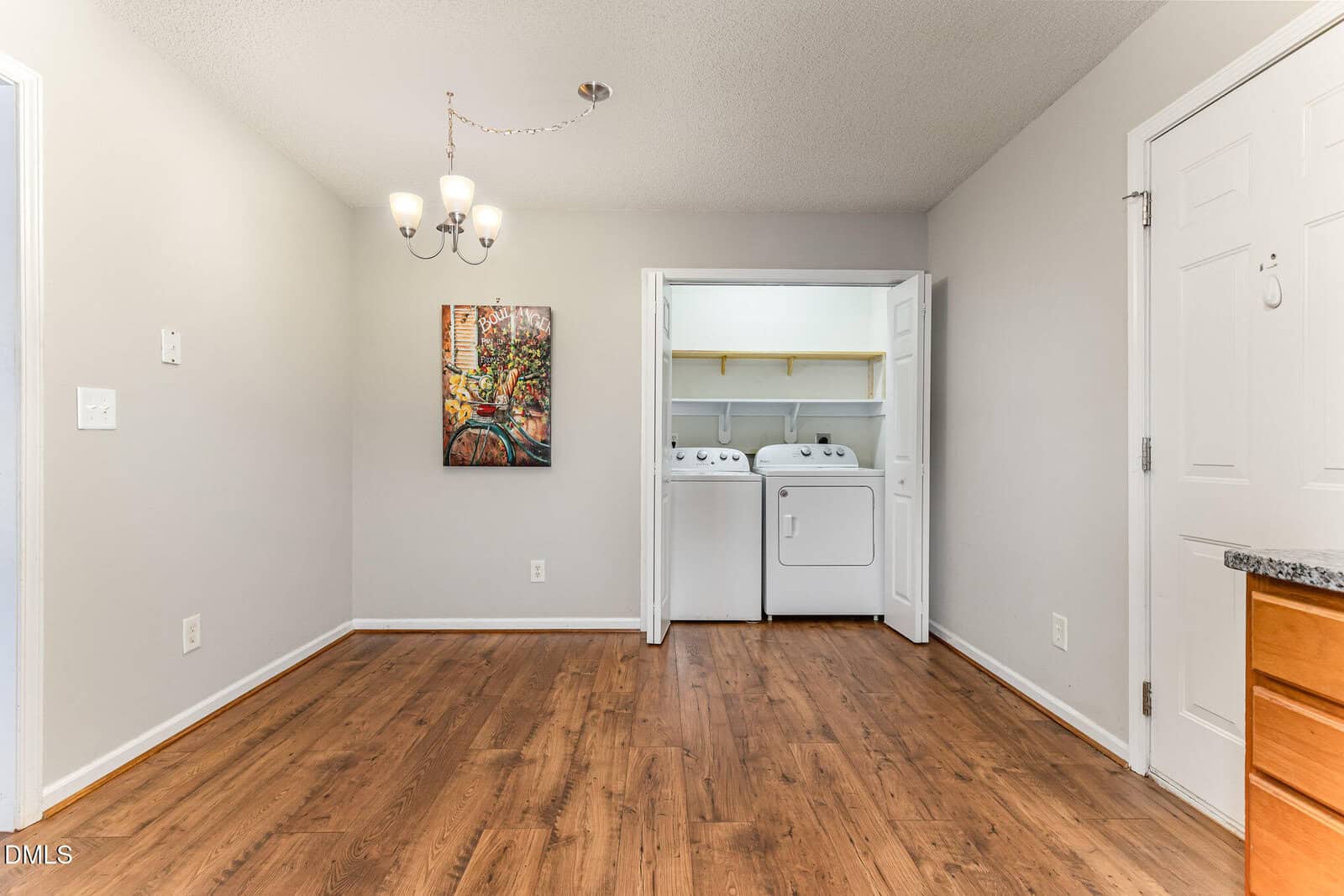 A small room with wood floors and light-colored walls, featuring a ceiling light, a wall painting, and an open closet with a washer and dryer. A white door and kitchen counter are visible on the right.