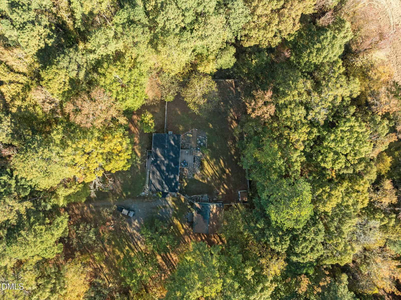 Aerial view of a house surrounded by dense, tall trees. The property includes a main building, a driveway, and a small clearing, with sunlight casting shadows through the forested area.
