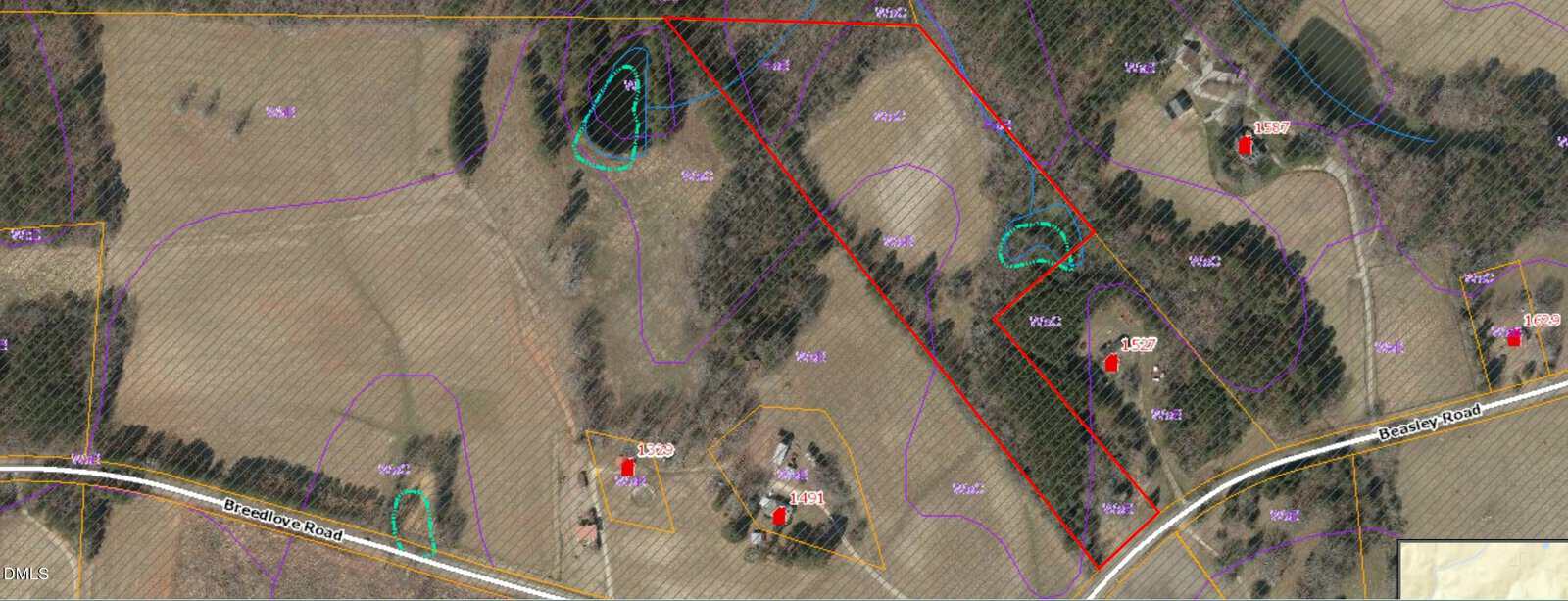 A property map near Louisburg shows outlined parcels, buildings marked with red icons, roads labeled as Greenback Road, Redding Road, and 0 Beasley Road, wooded and open areas, and purple contour lines indicating elevation.