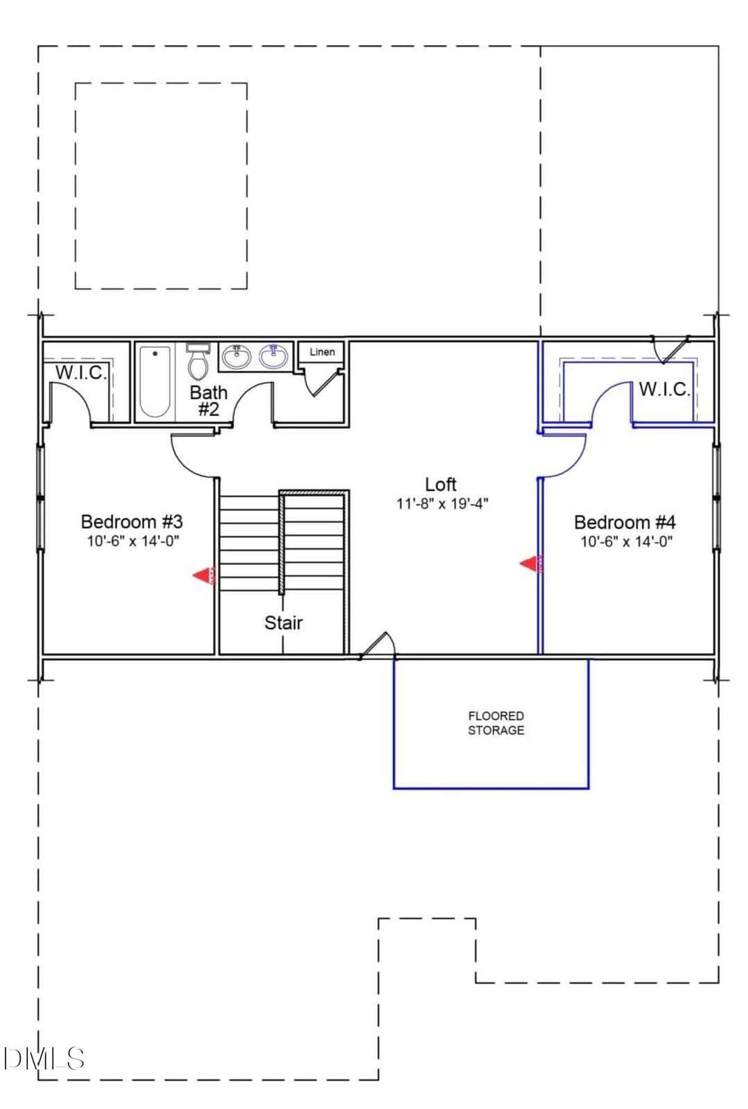 A floor plan of the upper level showing two bedrooms (each with a walk-in closet), a bathroom, a loft, a linen closet, stairs, and a floored storage area.