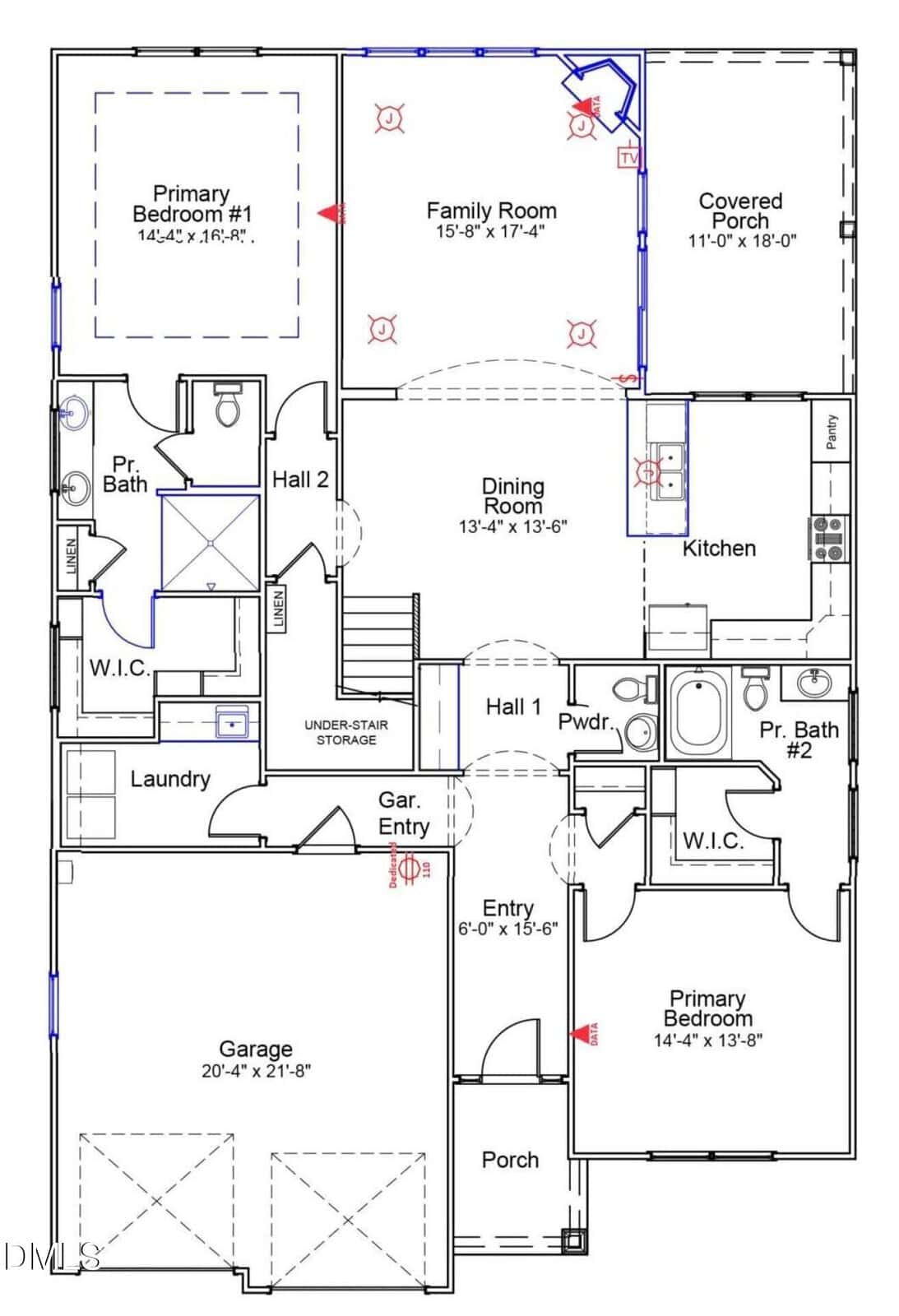 A floor plan showing two primary bedrooms, two and a half bathrooms, a family room, dining room, kitchen, laundry, garage, covered porch, and various closets and storage areas. Room dimensions are labeled.
