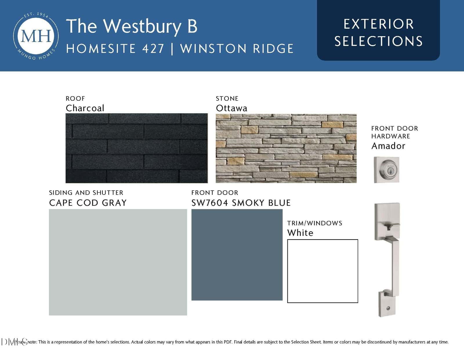 A selection board for The Westbury B home showing exterior options: charcoal roof, Ottawa stone, Cape Cod gray siding, SW7604 Smoky Blue front door, white trim/windows, and Amador front door hardware.