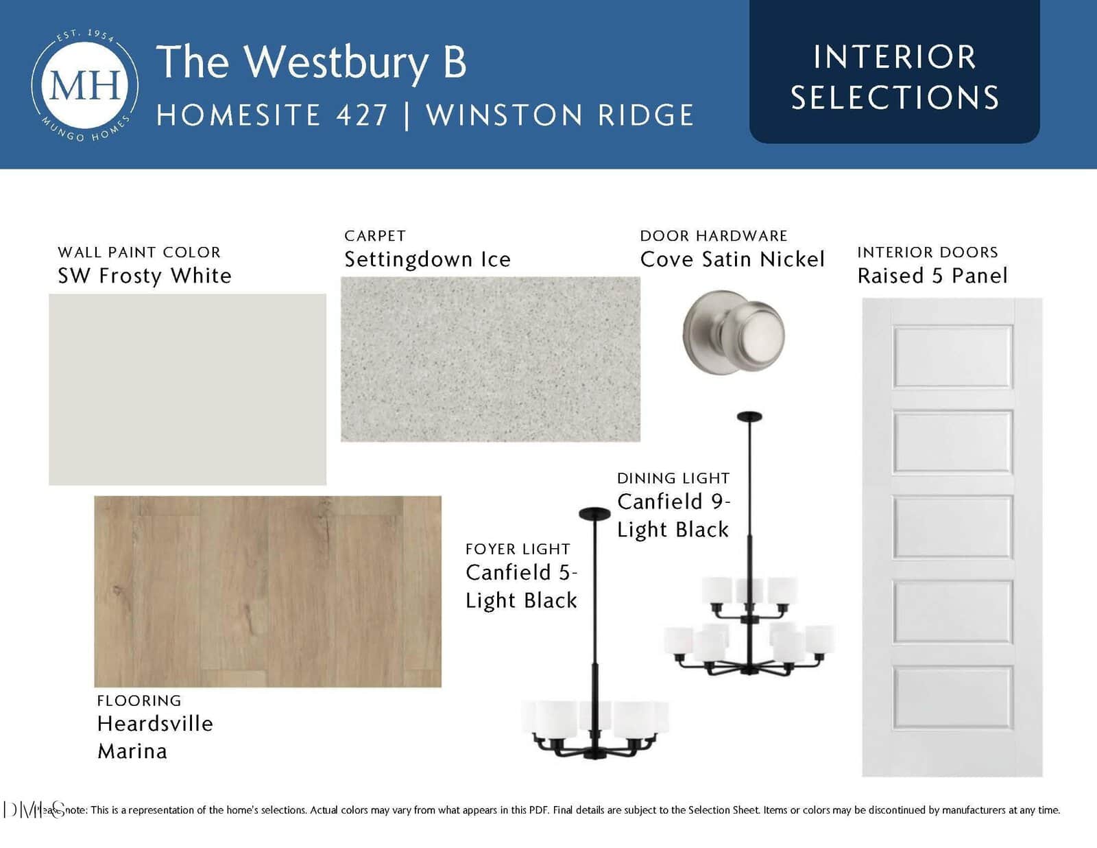 Interior selections board for The Westbury B, including SW Frosty White wall paint, Settingdon Ice carpet, Cove Satin Nickel door hardware, Raised 5 Panel doors, Heardsville Marina flooring, and black light fixtures.