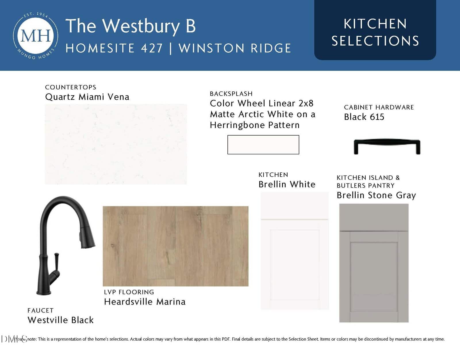 A kitchen selection board for The Westbury B shows samples: Quartz Miami Vena countertop, herringbone matte white backsplash, black cabinet hardware, black faucet, Heardsville Marina LVP flooring, and Brolin White and Stone Gray cabinets.
