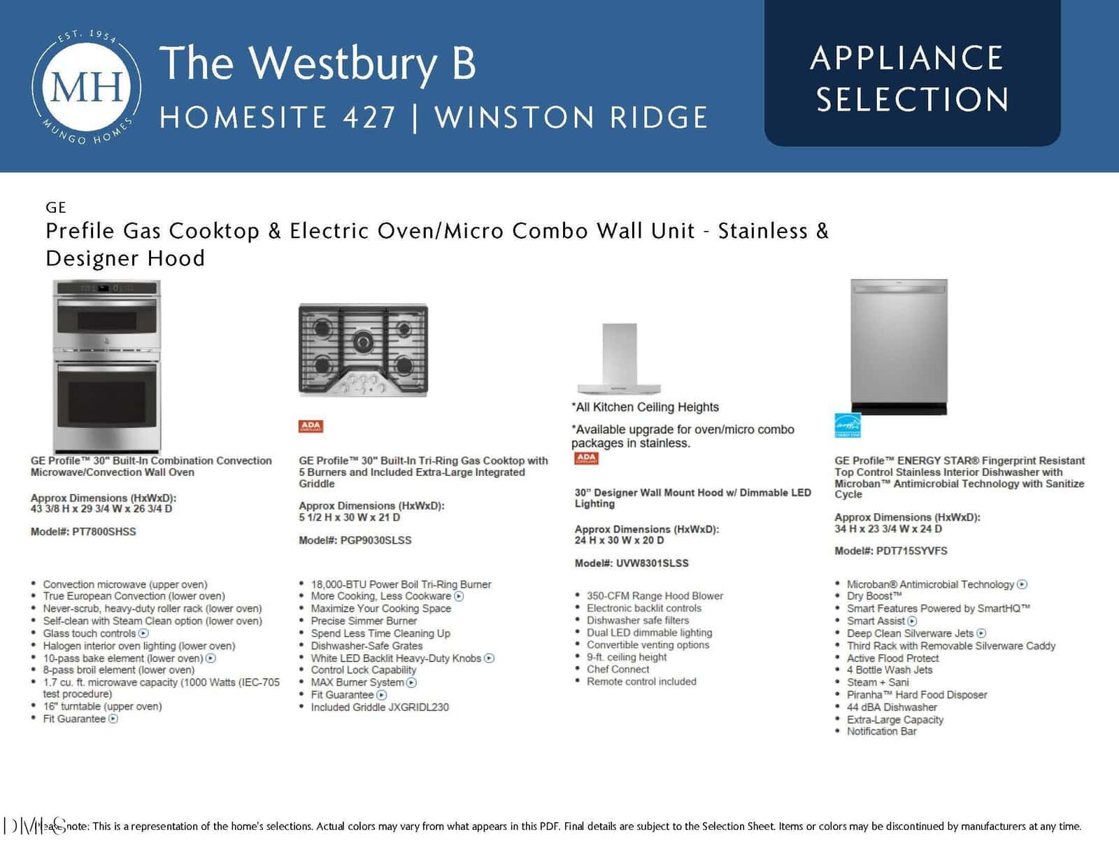 Appliance selection sheet for The Westbury B, Homesite 427, showing images and details for selected kitchen appliances: GE gas cooktop, electric oven/microwave combo, designer hood, and stainless steel dishwasher.