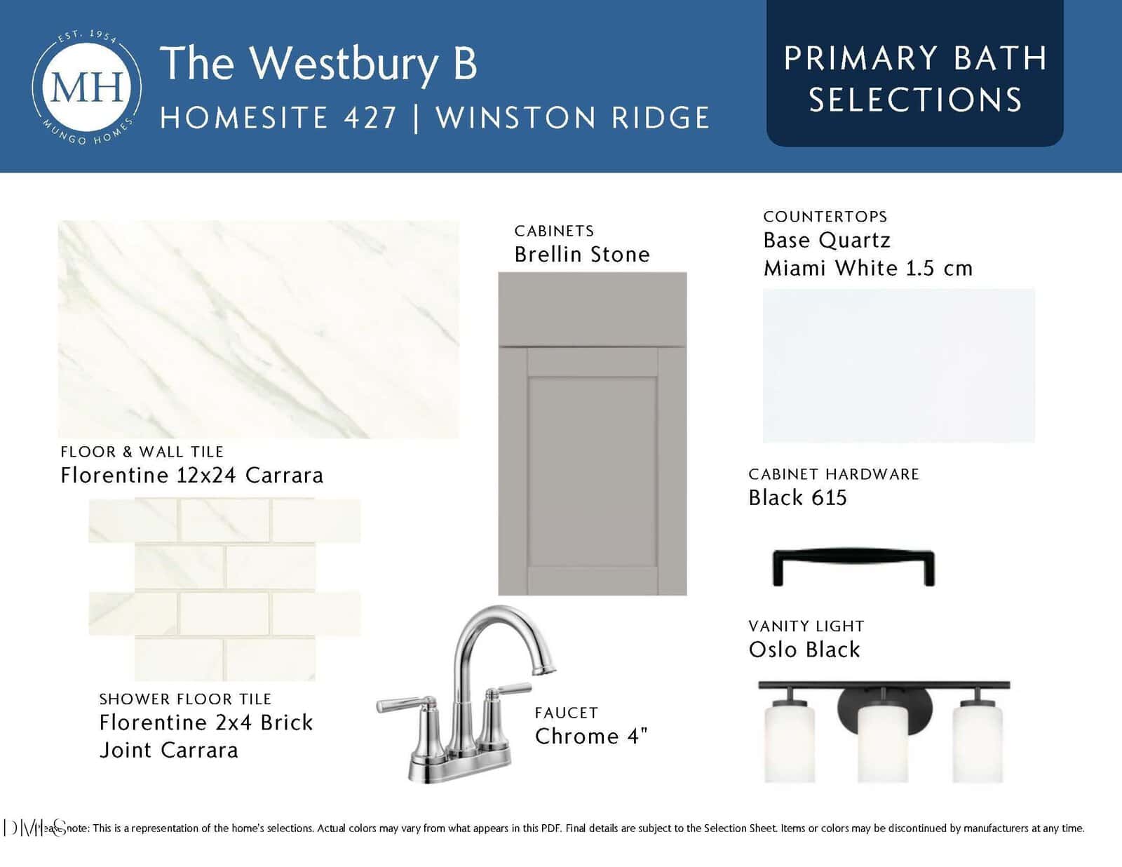 A design board for a primary bathroom, featuring samples of Florentine Carrara tile, Brellin Stone cabinet, base quartz countertop, black cabinet hardware, chrome faucet, and Oslo vanity light.
