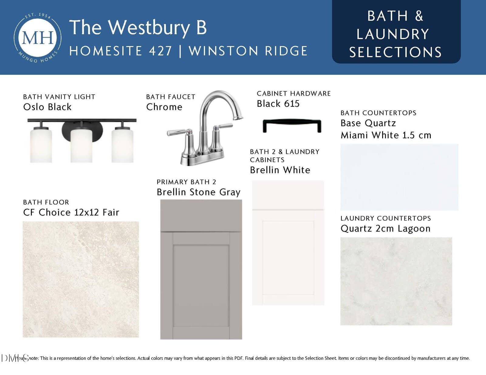 A selection board for The Westbury B home shows bath and laundry finishes: black vanity light, chrome faucet, black cabinet hardware, Miami White and Lagoon quartz counters, stone gray cabinet, white tile floor.