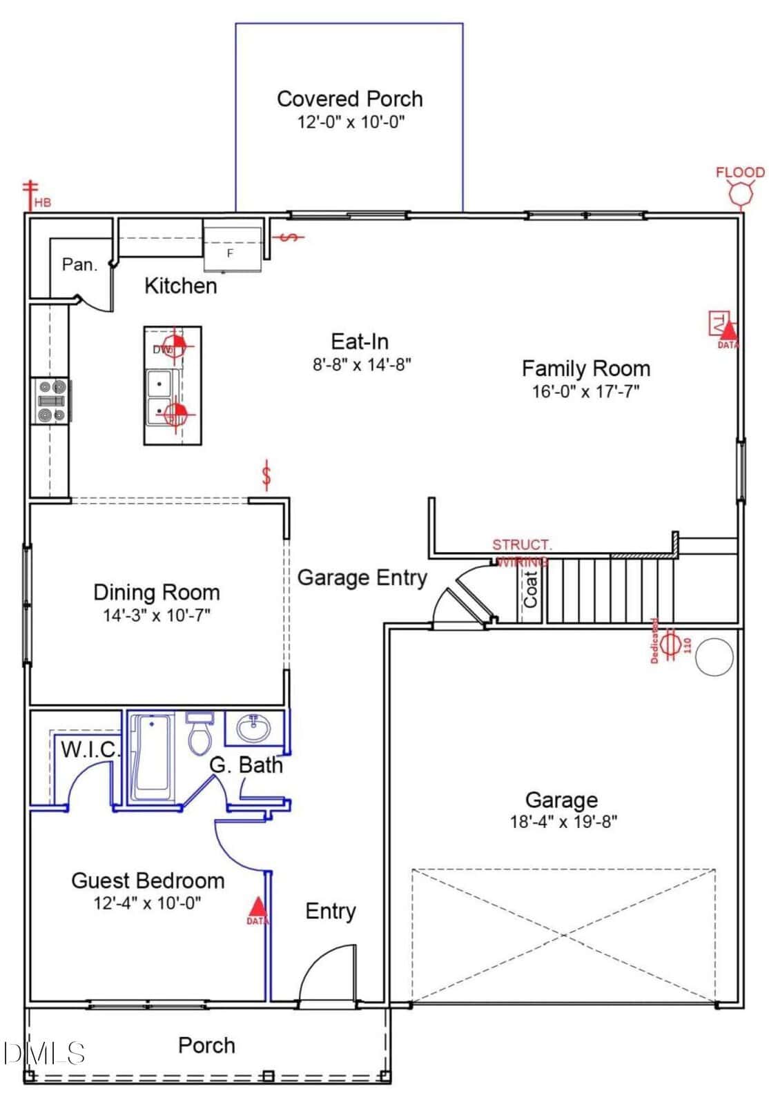 A floor plan shows a house with a front porch, guest bedroom, full bath, dining room, kitchen, eat-in area, family room, garage with entry, stairs, and a covered back porch. Rooms and doors are labeled.