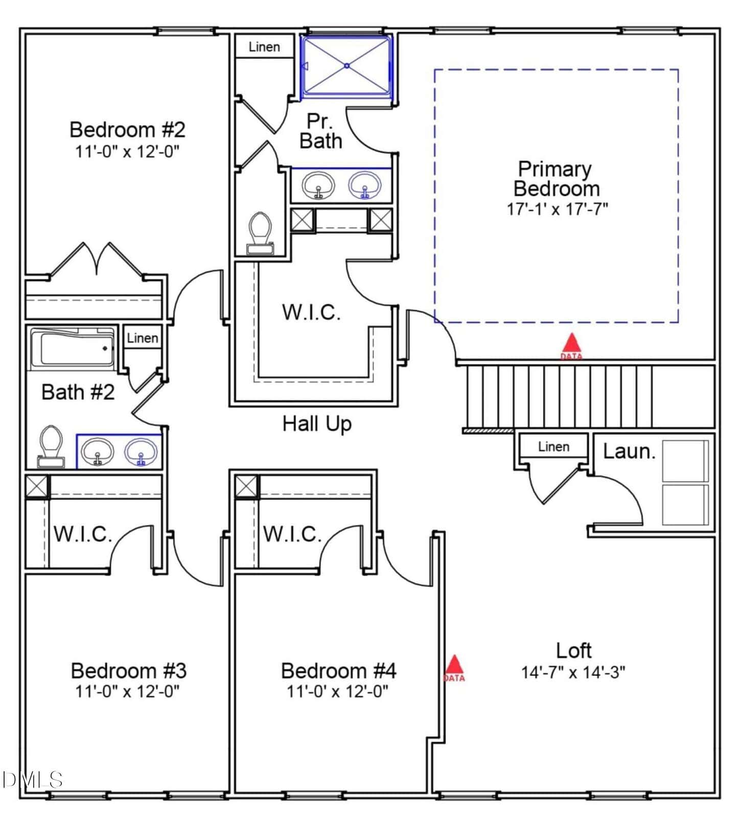 Floor plan of a house's upper level showing four bedrooms, two bathrooms, a primary bedroom with walk-in closet, a loft, laundry area, two linen closets, and hallways connecting the rooms.