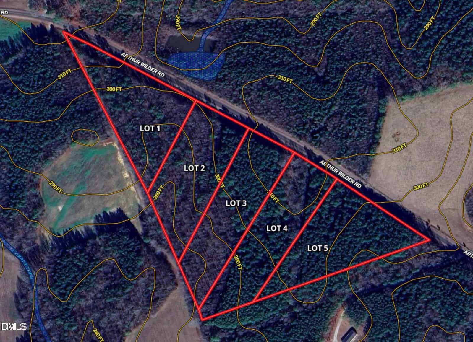 A satellite map shows five triangular lots outlined in red, bordered by Airstrip Placer Road. Yellow contour lines and wooded areas are visible; the lots are numbered 1 to 5 within a forested and partially open landscape.