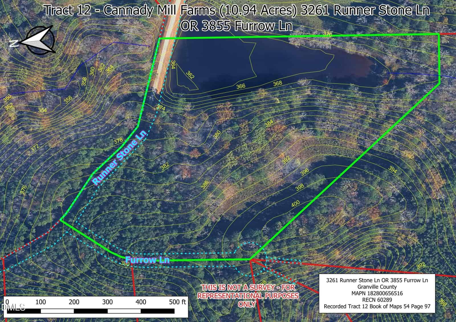 Aerial map of a 10.94-acre tract outlined in green, with contour lines, tree cover, a pond, and labeled roads: Runner Stone Ln and Furrow Ln. Noted for representational purposes only.