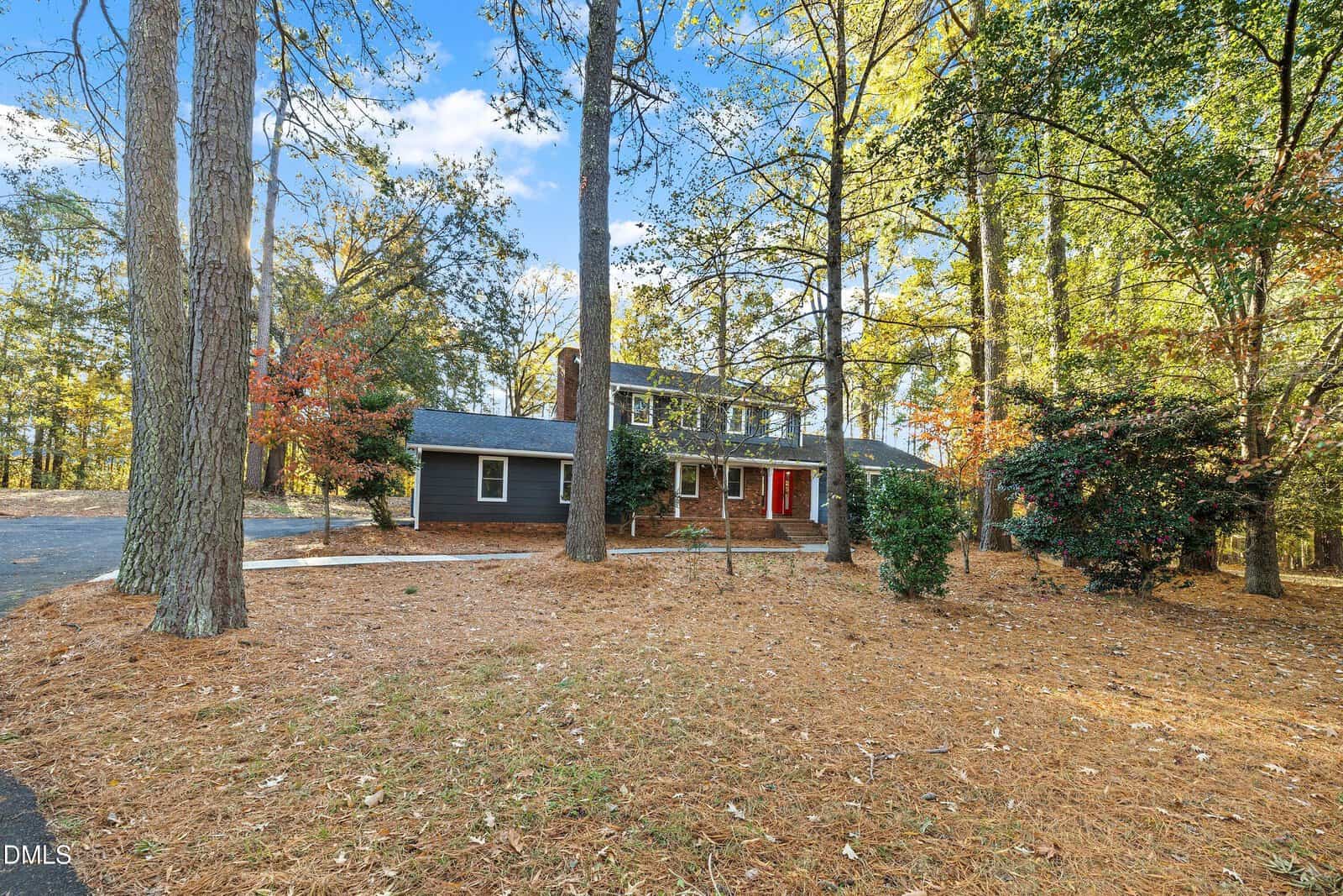A two-story dark gray house with a red front door is surrounded by tall pine trees and a large, wooded yard covered in pine needles. The driveway curves past the house, which sits in a forested area under a blue sky.