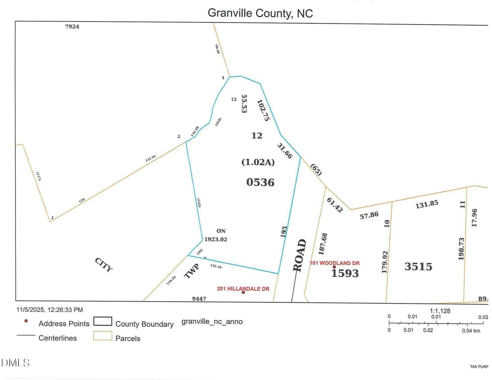 A map of a section of Granville County, NC, highlighting parcel 0536 (1.02A), with labeled roads, neighboring parcels, address points, county boundary, centerlines, and measurements in feet.