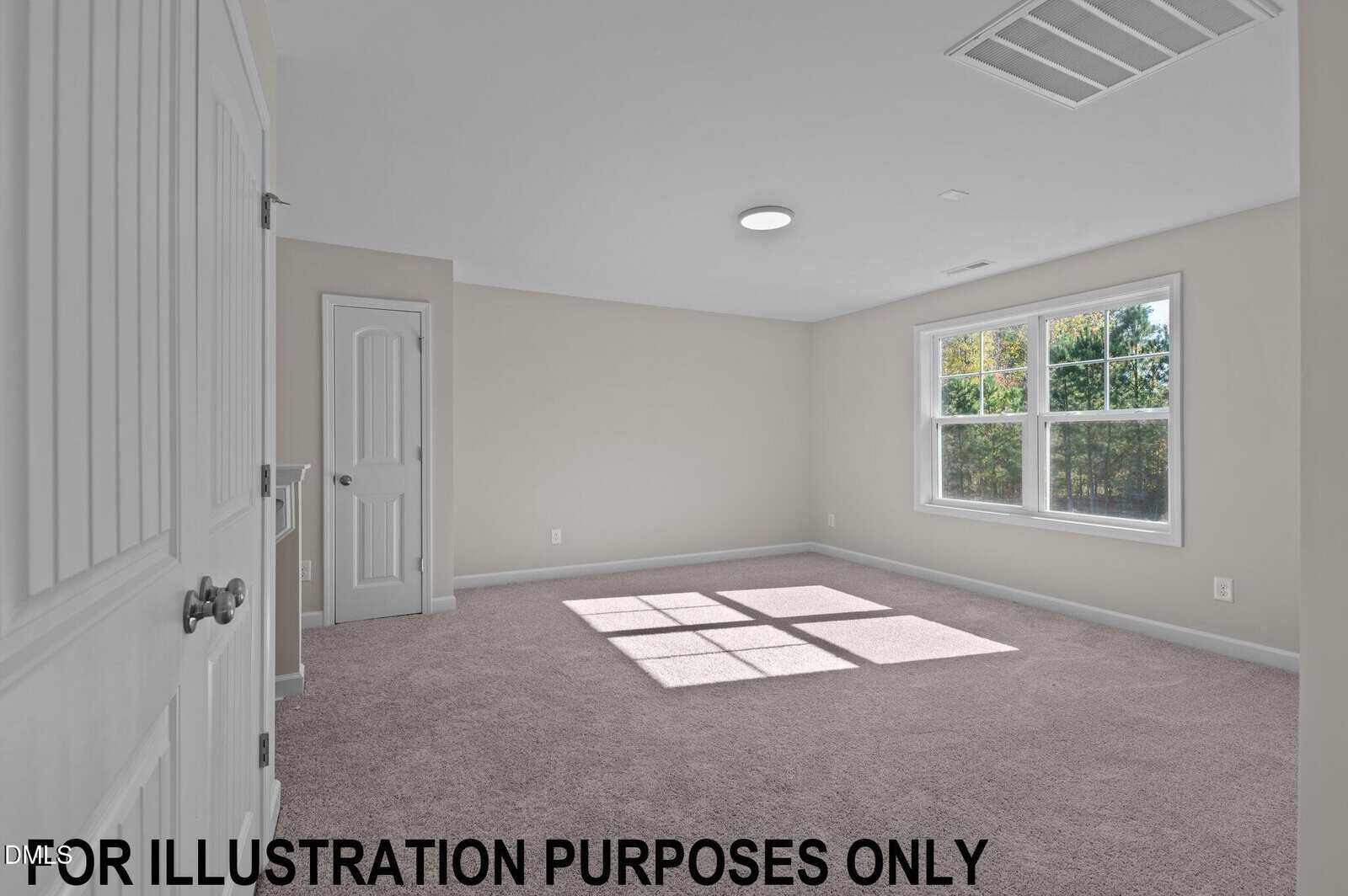 Bright, empty bedroom with beige carpet, light-colored walls, two doors, and large windows letting in sunlight. “FOR ILLUSTRATION PURPOSES ONLY” text appears at the bottom.