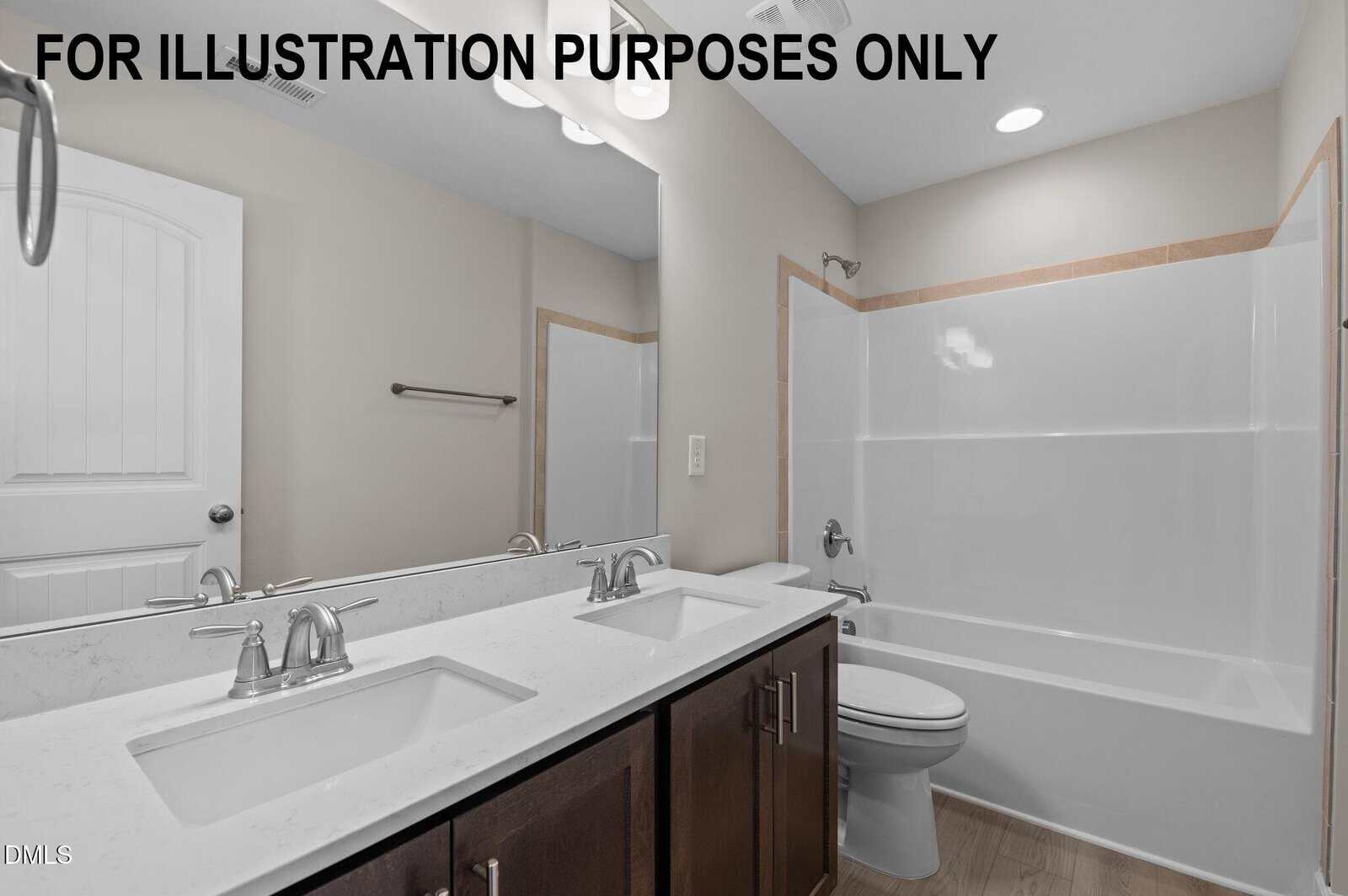 A modern bathroom with a double sink vanity, large mirror, white countertops, dark wood cabinets, and a white bathtub with a shower. The text “FOR ILLUSTRATION PURPOSES ONLY” appears at the top.