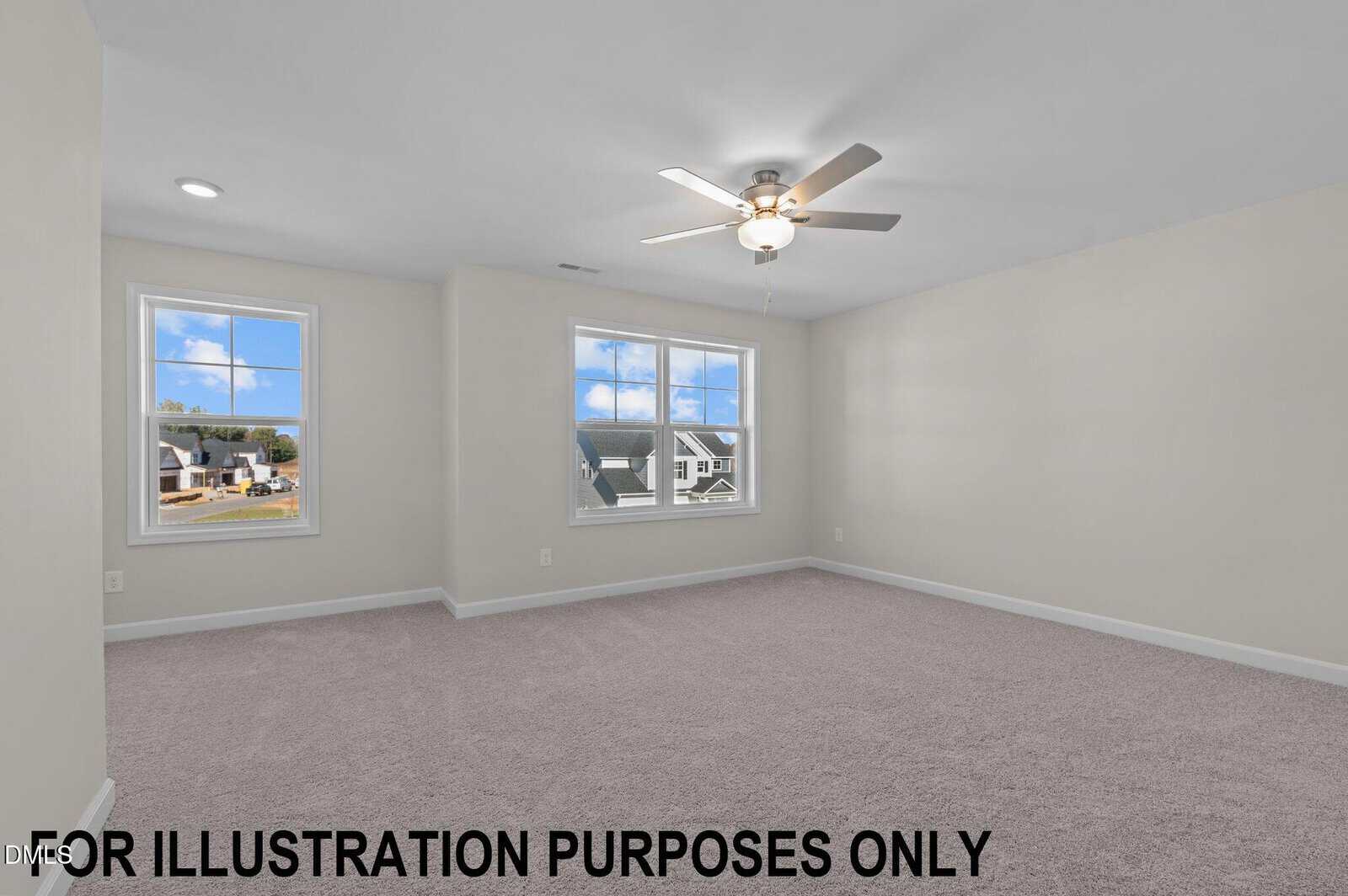Spacious, empty bedroom with light beige walls, gray carpet, three large windows, and a ceiling fan with lights. Outside, houses and trees are visible. Text at the bottom reads, "FOR ILLUSTRATION PURPOSES ONLY.