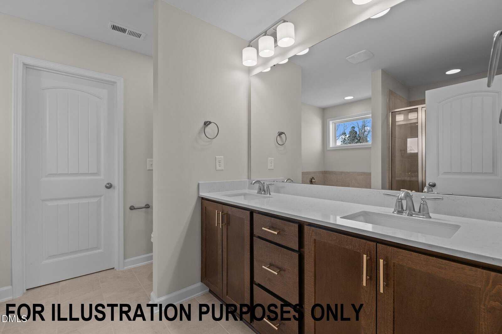 Modern bathroom with double sinks, dark wood cabinets, large mirror, overhead lighting, white walls, and a door leading to a walk-in shower; text reads "FOR ILLUSTRATION PURPOSES ONLY" at the bottom left.