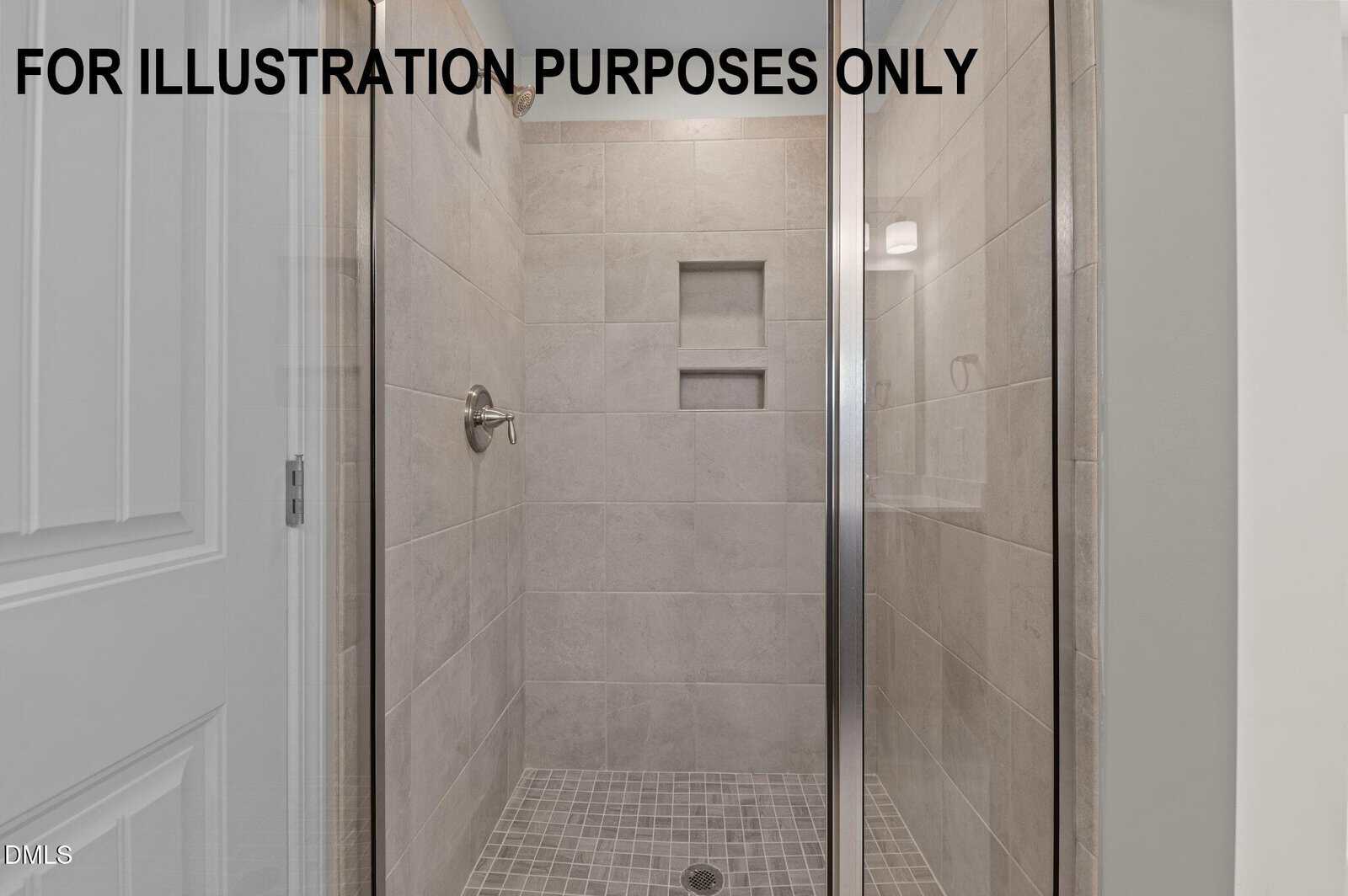 A modern walk-in shower with gray tiled walls, a built-in niche, glass doors, and a single wall-mounted shower handle. The image has "FOR ILLUSTRATION PURPOSES ONLY" text across the top.