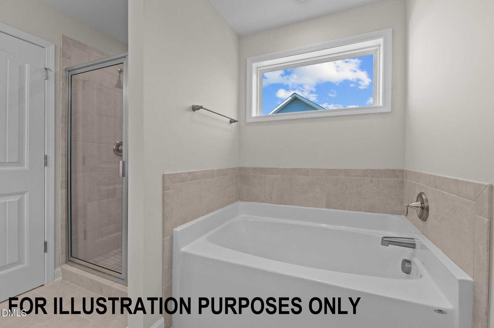 A bathroom with a white bathtub set in a tiled alcove, a window above with a view of blue sky and clouds, and a glass-enclosed shower to the left. The words "FOR ILLUSTRATION PURPOSES ONLY" appear at the bottom.