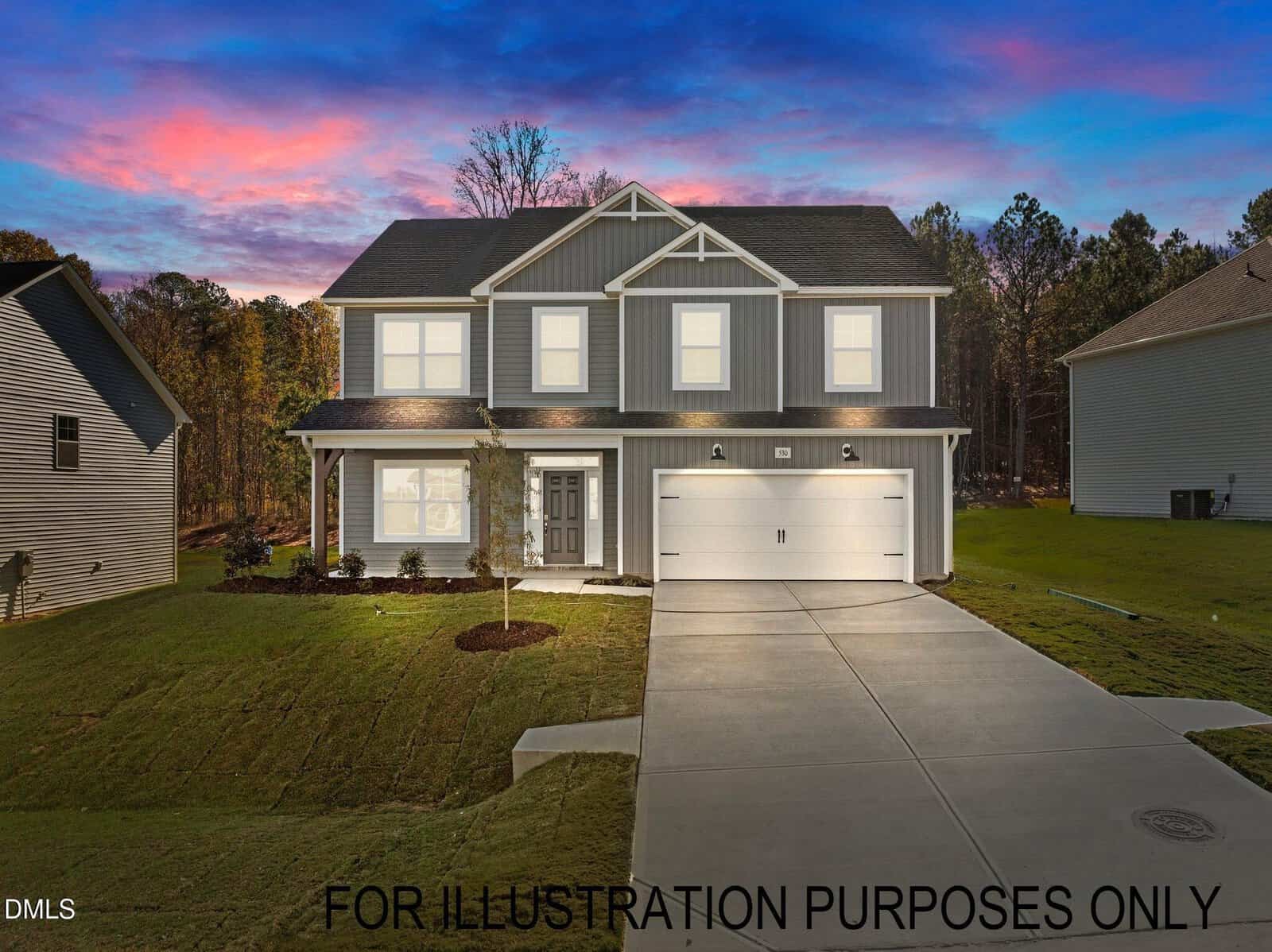 A two-story modern house with gray siding, white trim, and a double garage is shown at sunset with lights on at 680 Husketh Road, Youngsville. A concrete driveway and manicured lawn are in front. Text reads "FOR ILLUSTRATION PURPOSES ONLY.