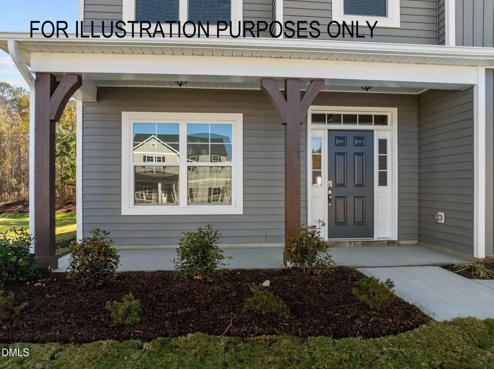 Modern house front with gray siding, a dark gray door with sidelights, large double window, covered porch with wooden posts, landscaped garden bed, and "FOR ILLUSTRATION PURPOSES ONLY" text over the image.
