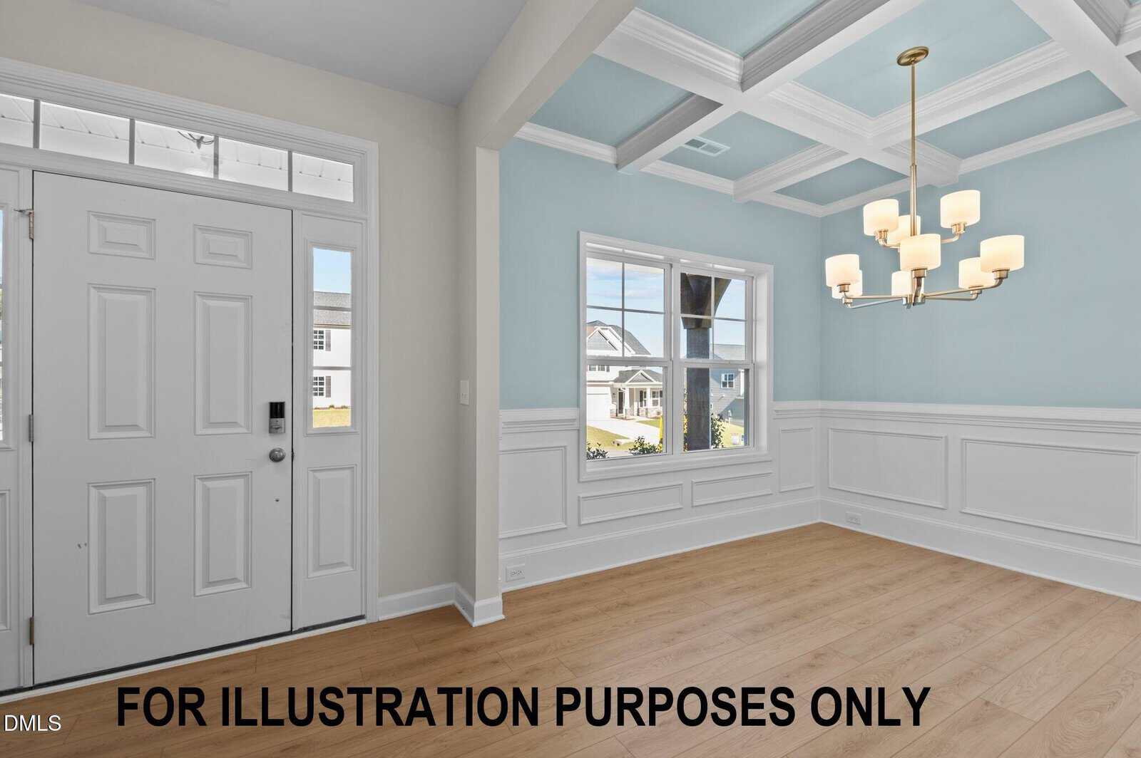 Bright entryway featuring a white front door, large window, light blue walls with white trim, coffered ceiling, modern chandelier, and light wood flooring. Text reads "FOR ILLUSTRATION PURPOSES ONLY.