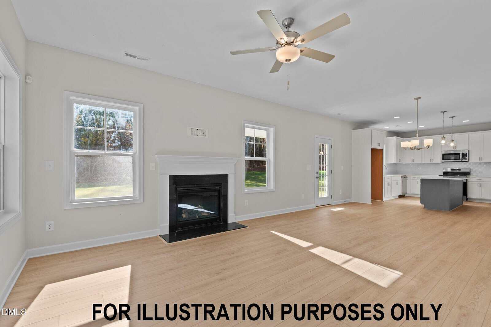 Bright, spacious living area with light wood flooring, a black fireplace, three windows, and a ceiling fan. The open layout leads to a modern kitchen with white cabinets and an island. Text reads, "FOR ILLUSTRATION PURPOSES ONLY.