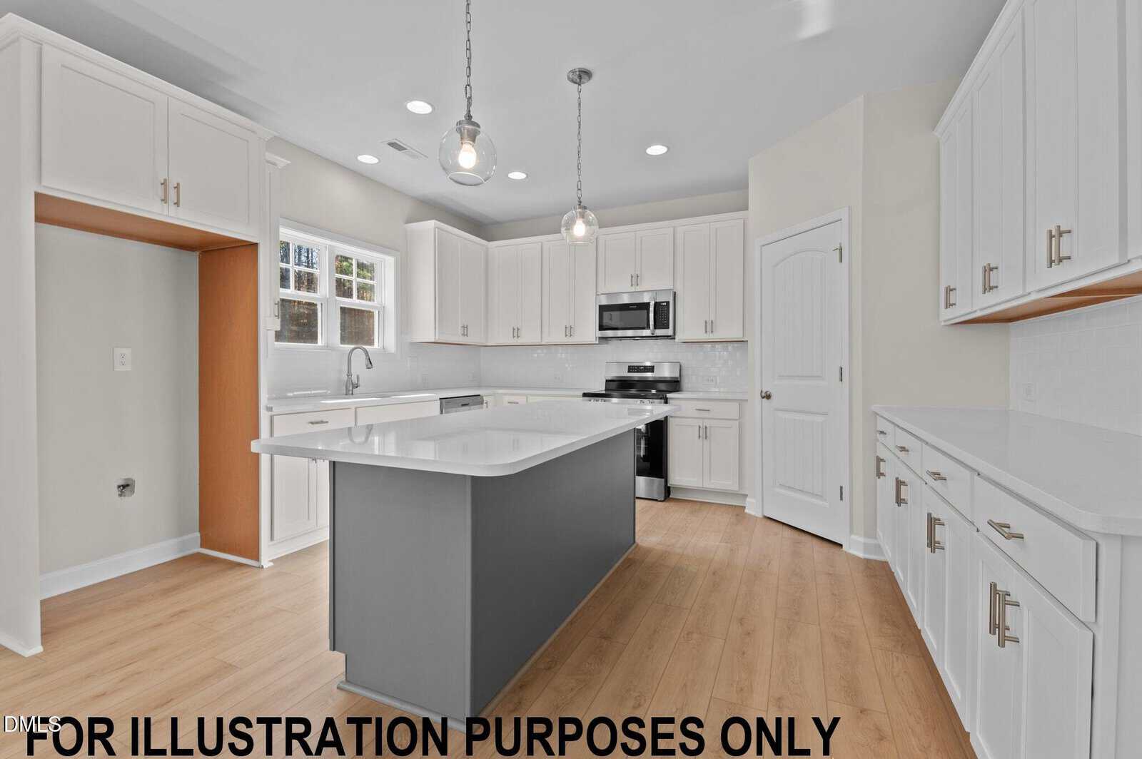 Modern kitchen with white cabinets, stainless steel appliances, a large gray island, light wood floors, pendant lights, and ample counter space. Text at the bottom reads "FOR ILLUSTRATION PURPOSES ONLY.
