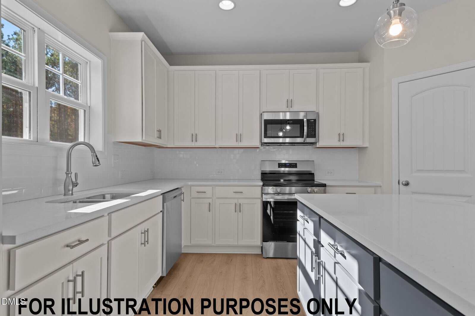Modern kitchen with white cabinets, stainless steel appliances, an island with drawers, and a window above the sink. The words “FOR ILLUSTRATION PURPOSES ONLY” appear at the bottom of the image.