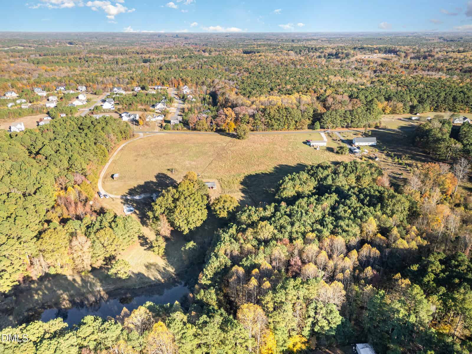 Aerial view of a rural landscape with open fields, scattered houses, a pond surrounded by trees, and a dense forest in the foreground. The background features more trees and distant buildings under a blue sky.